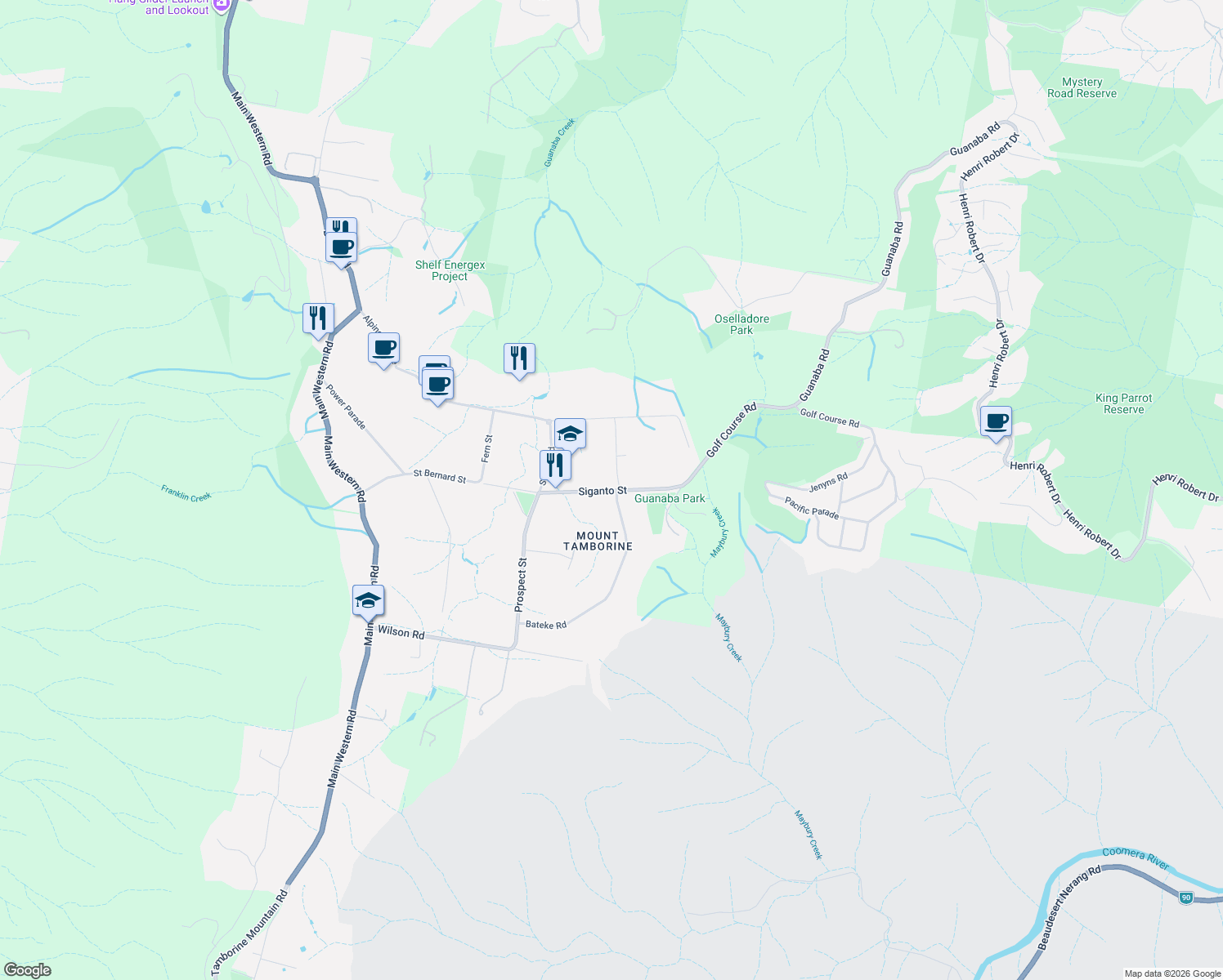 map of restaurants, bars, coffee shops, grocery stores, and more near 38 Siganto Street in Mount Tamborine