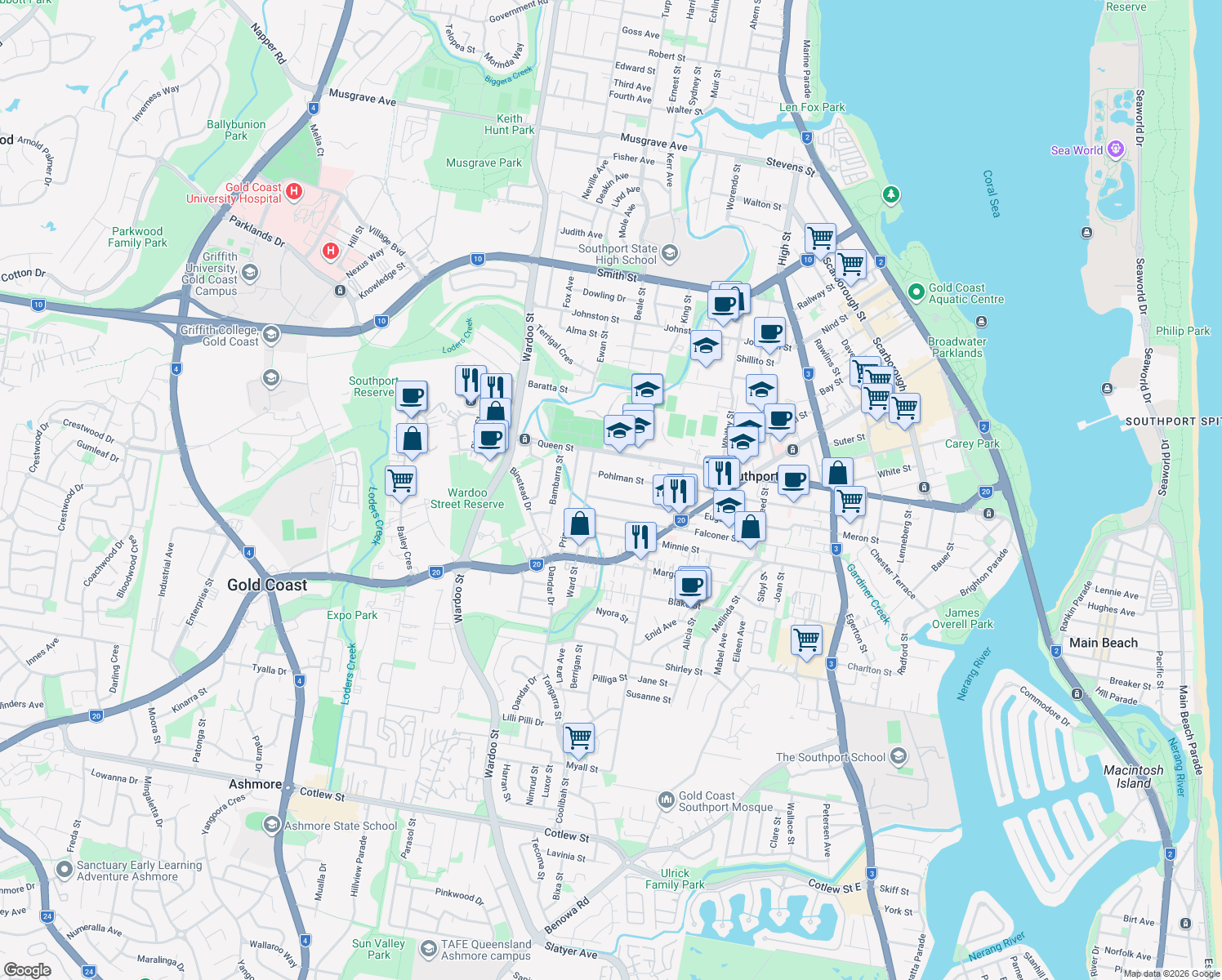 map of restaurants, bars, coffee shops, grocery stores, and more near 129 Eugaree Street in Southport