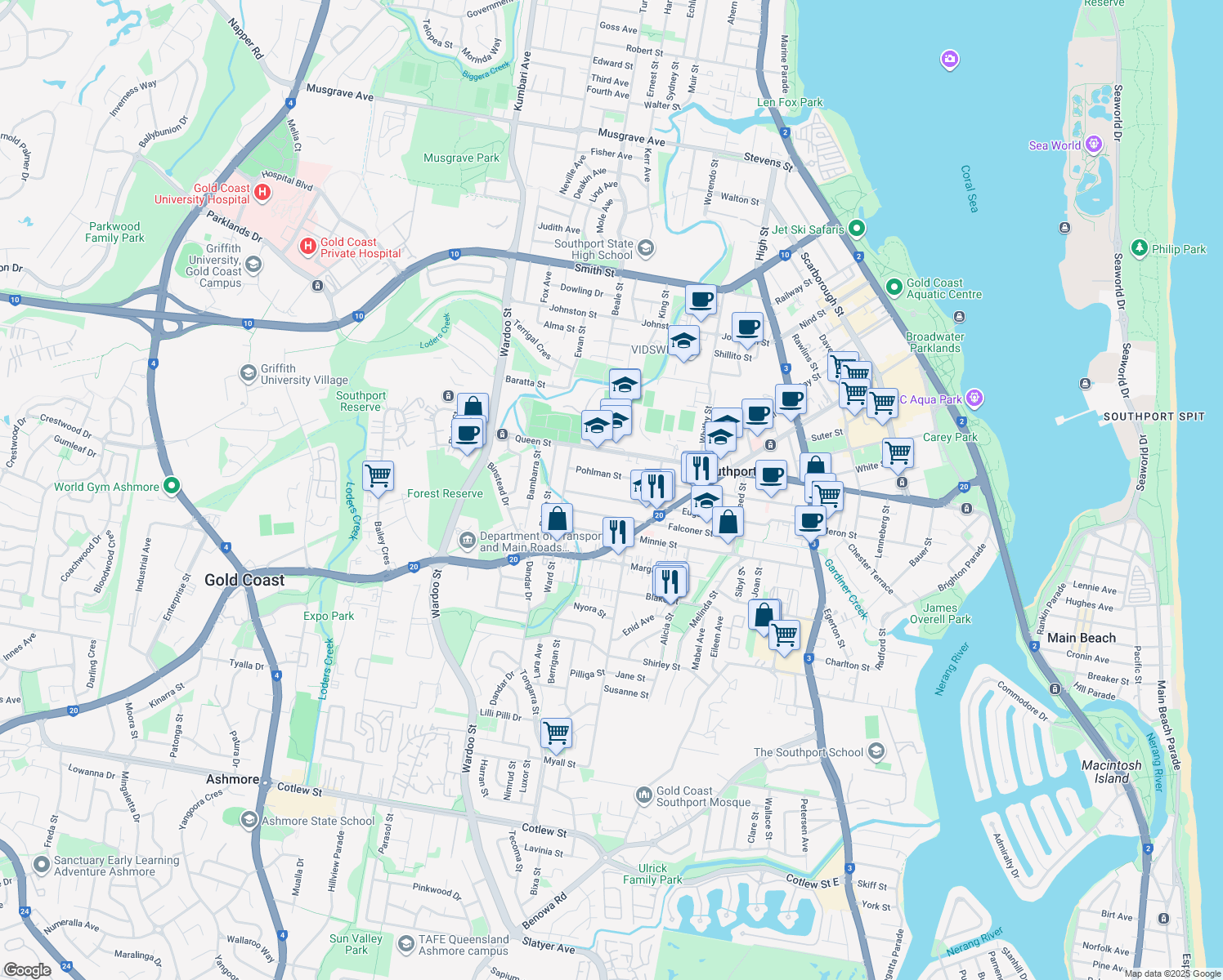 map of restaurants, bars, coffee shops, grocery stores, and more near 117 Eugaree Street in Southport