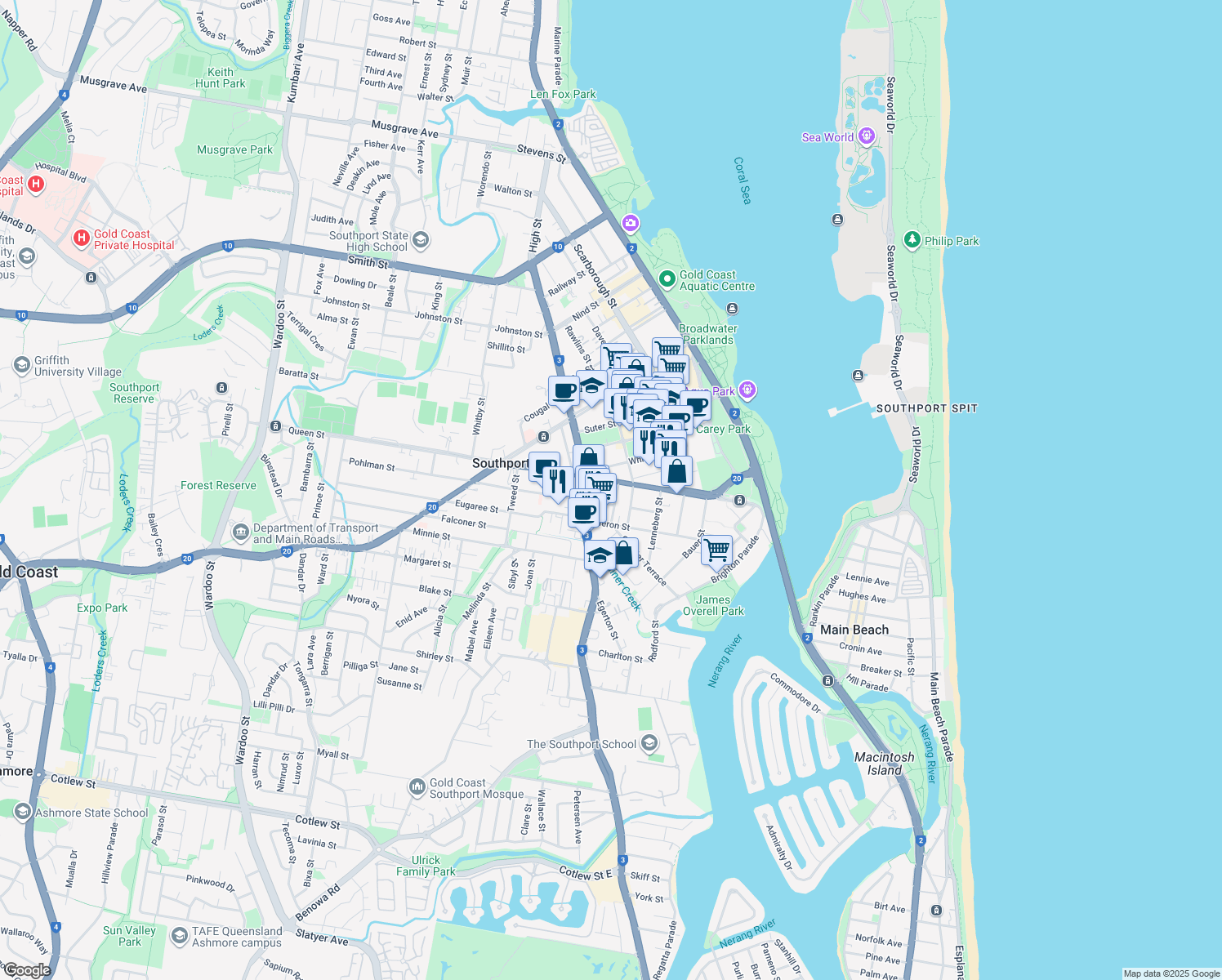 map of restaurants, bars, coffee shops, grocery stores, and more near 12 Gillian Lane in Southport