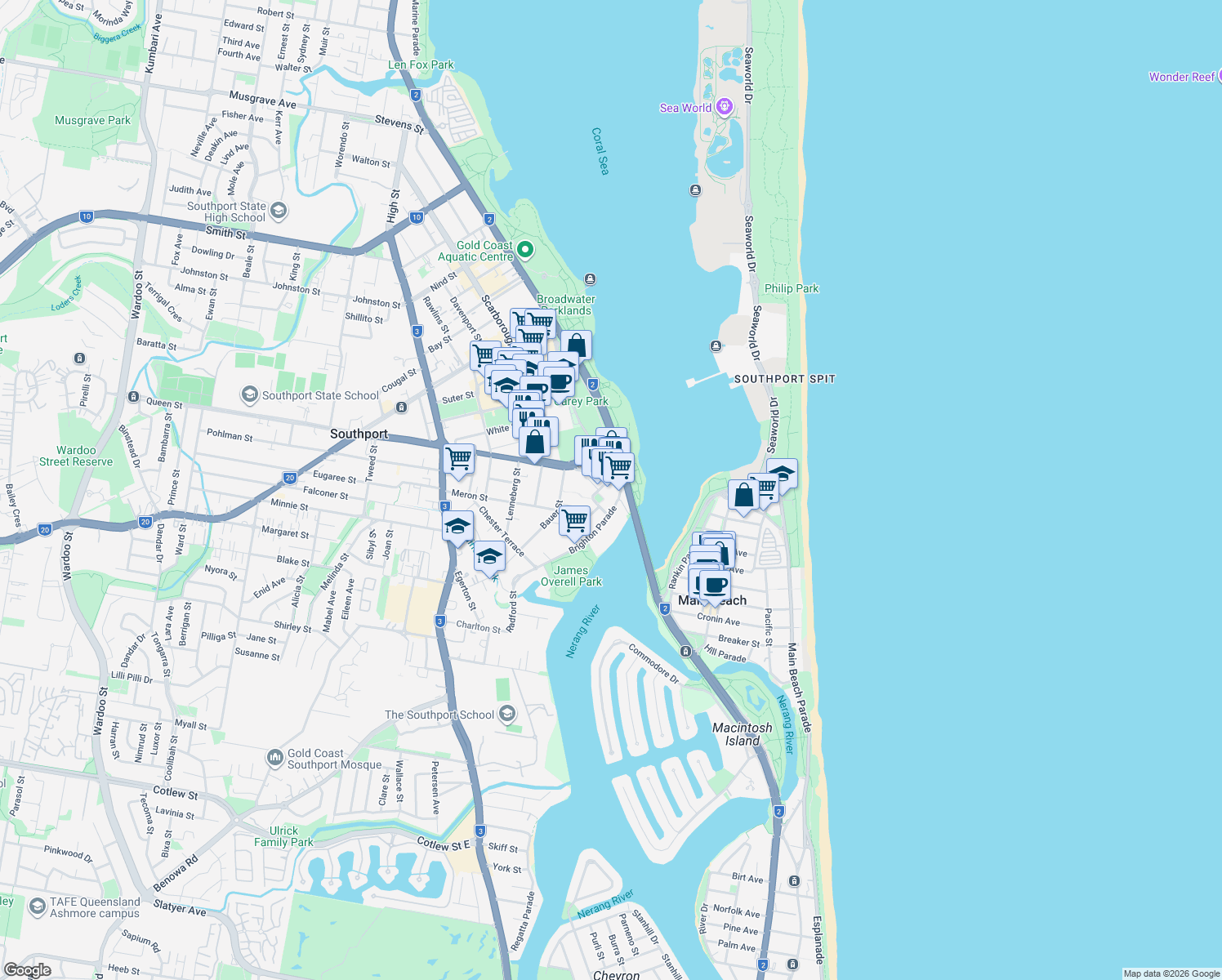 map of restaurants, bars, coffee shops, grocery stores, and more near 2 Como Crescent in Southport
