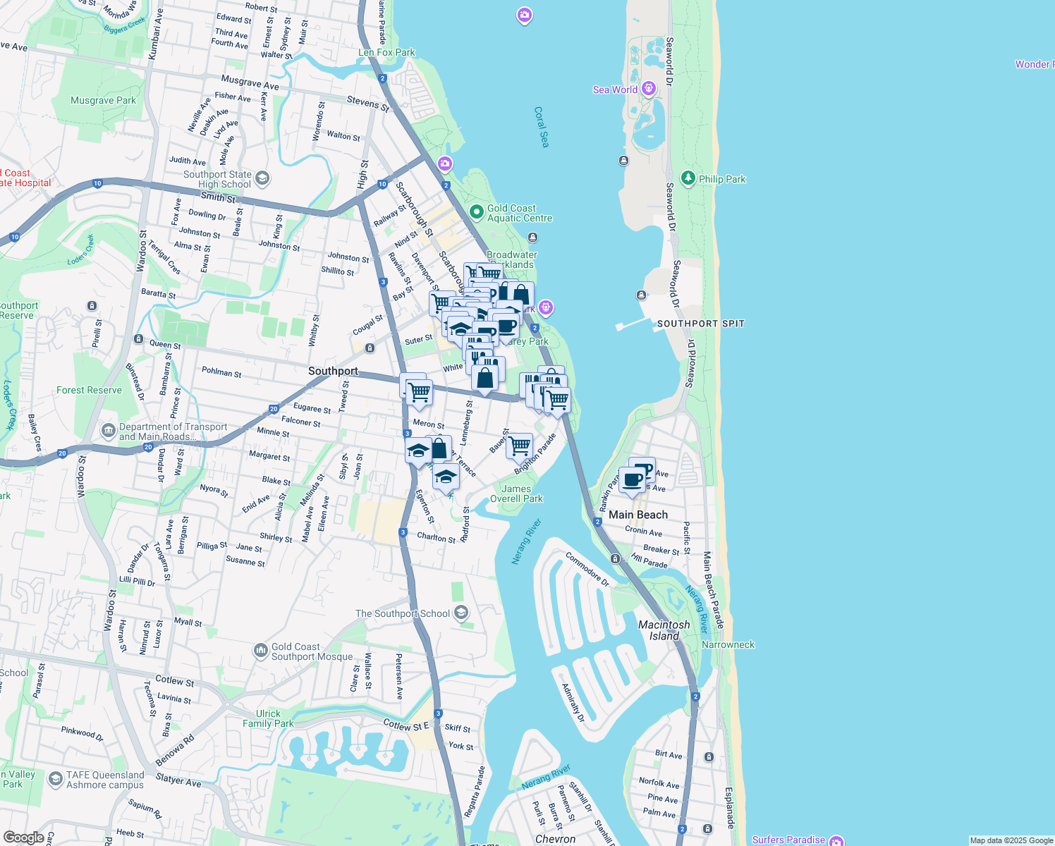 map of restaurants, bars, coffee shops, grocery stores, and more near 3 Como Crescent in Southport