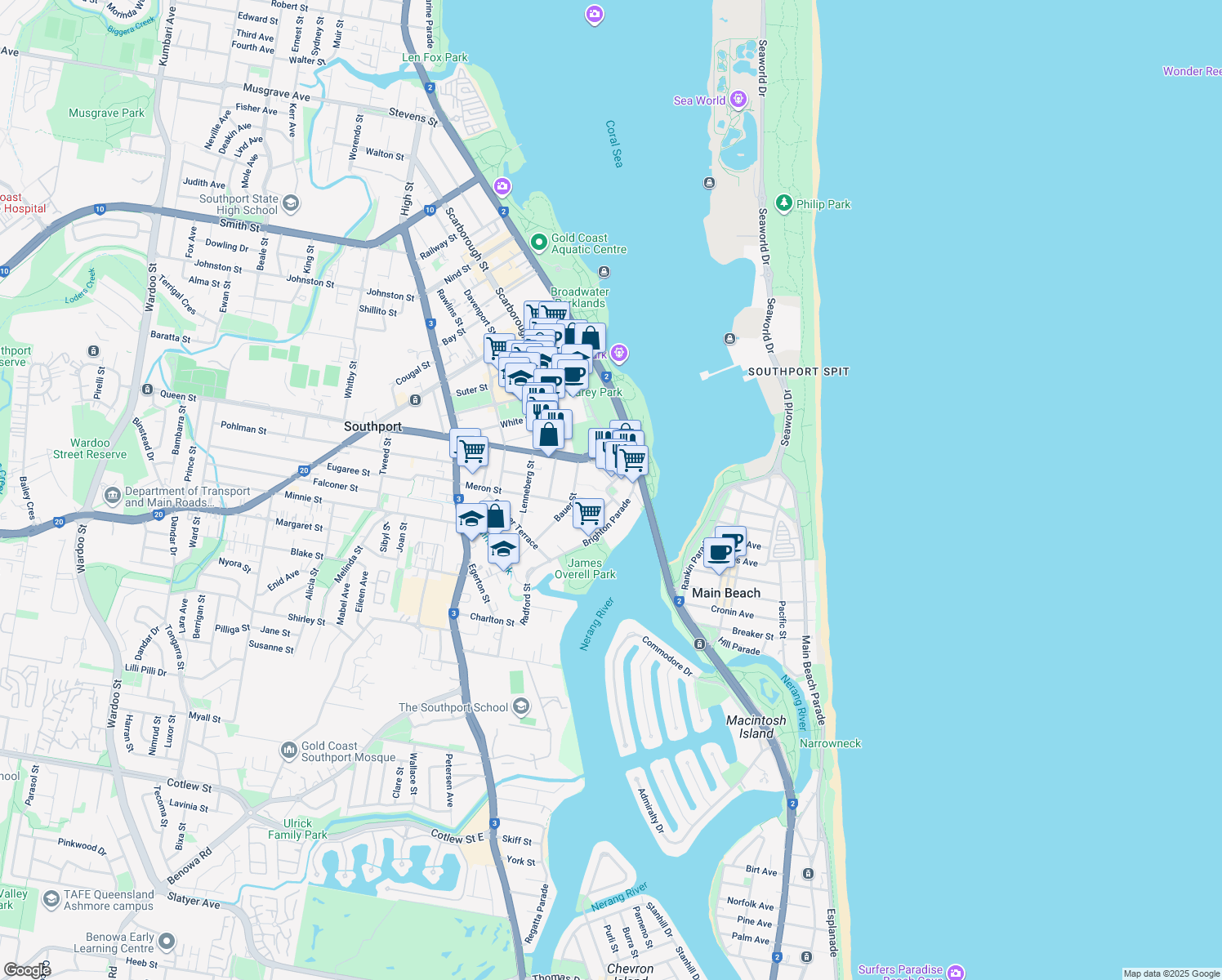 map of restaurants, bars, coffee shops, grocery stores, and more near 4 Como Crescent in Southport