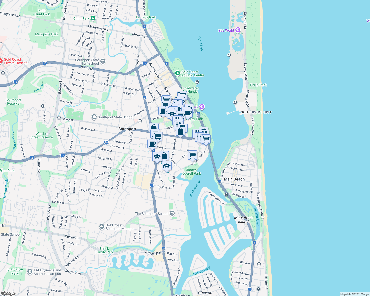 map of restaurants, bars, coffee shops, grocery stores, and more near 56 Bauer Street in Southport