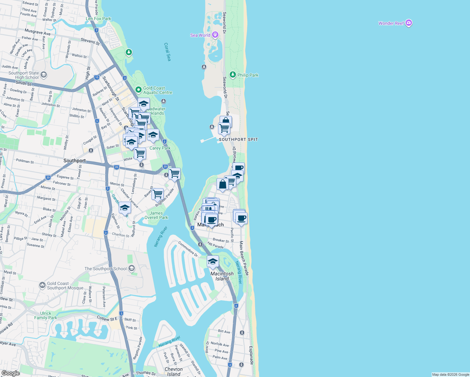 map of restaurants, bars, coffee shops, grocery stores, and more near 3645 Main Beach Parade in Main Beach