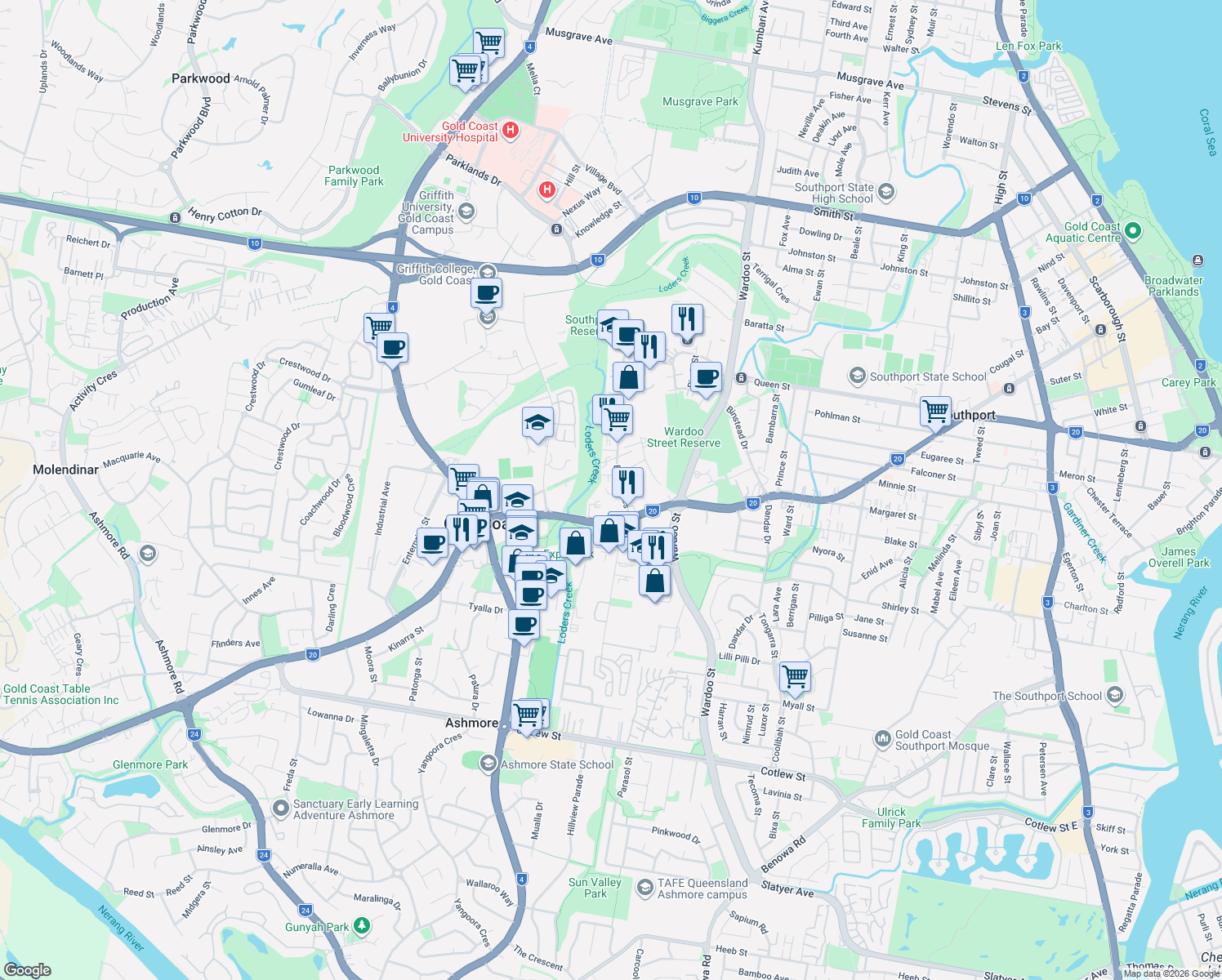 map of restaurants, bars, coffee shops, grocery stores, and more near 6 Bailey Crescent in Southport