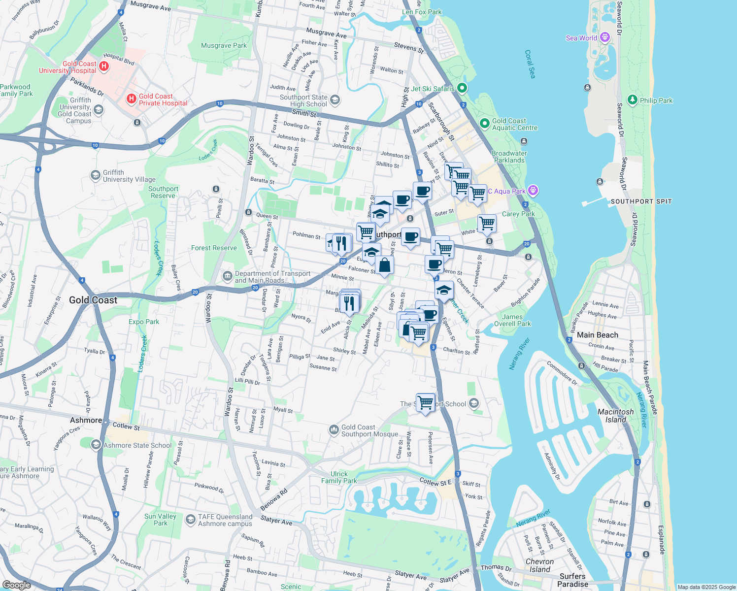 map of restaurants, bars, coffee shops, grocery stores, and more near 5 Margaret Street in Southport