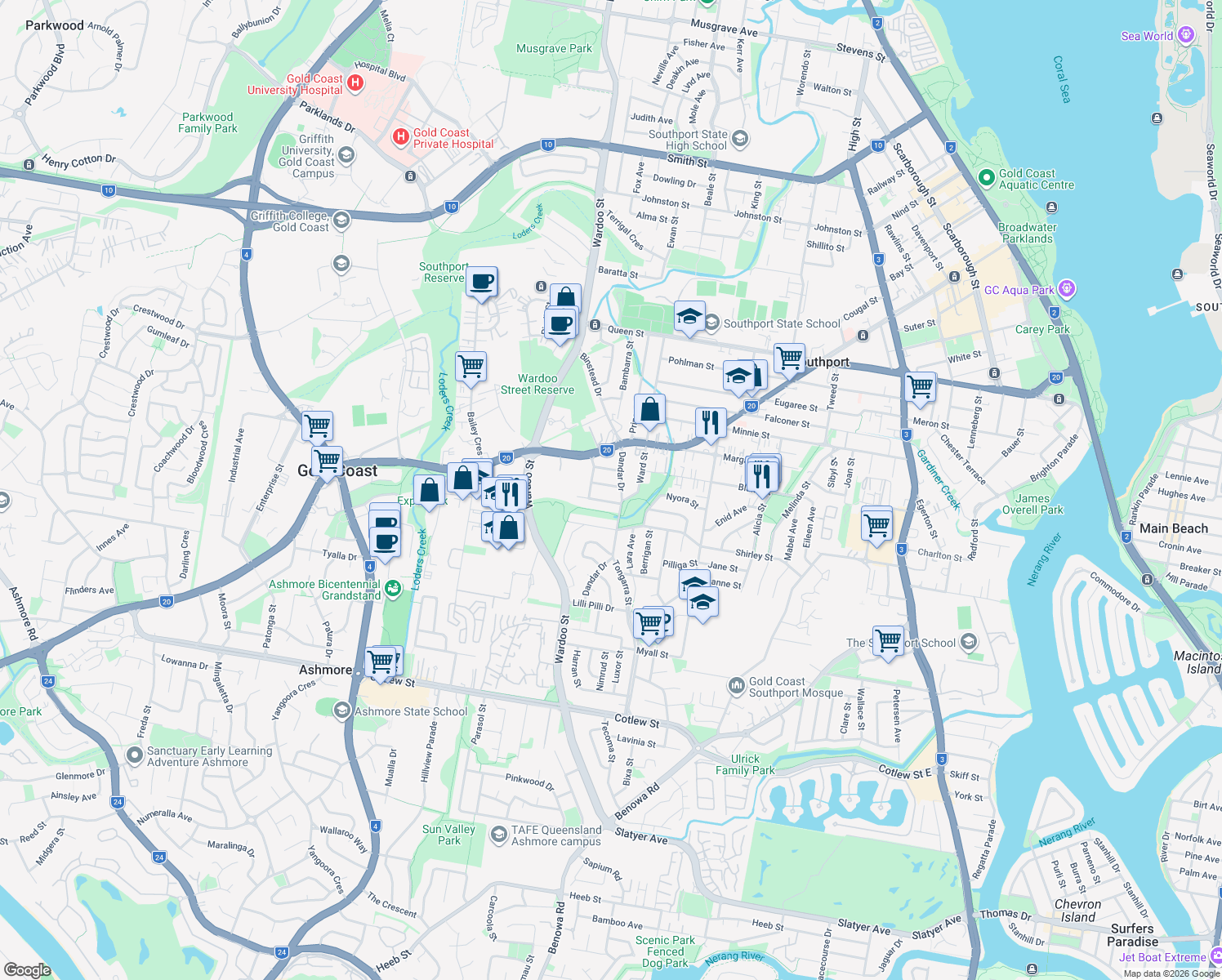 map of restaurants, bars, coffee shops, grocery stores, and more near 6 Moonah Avenue in Southport