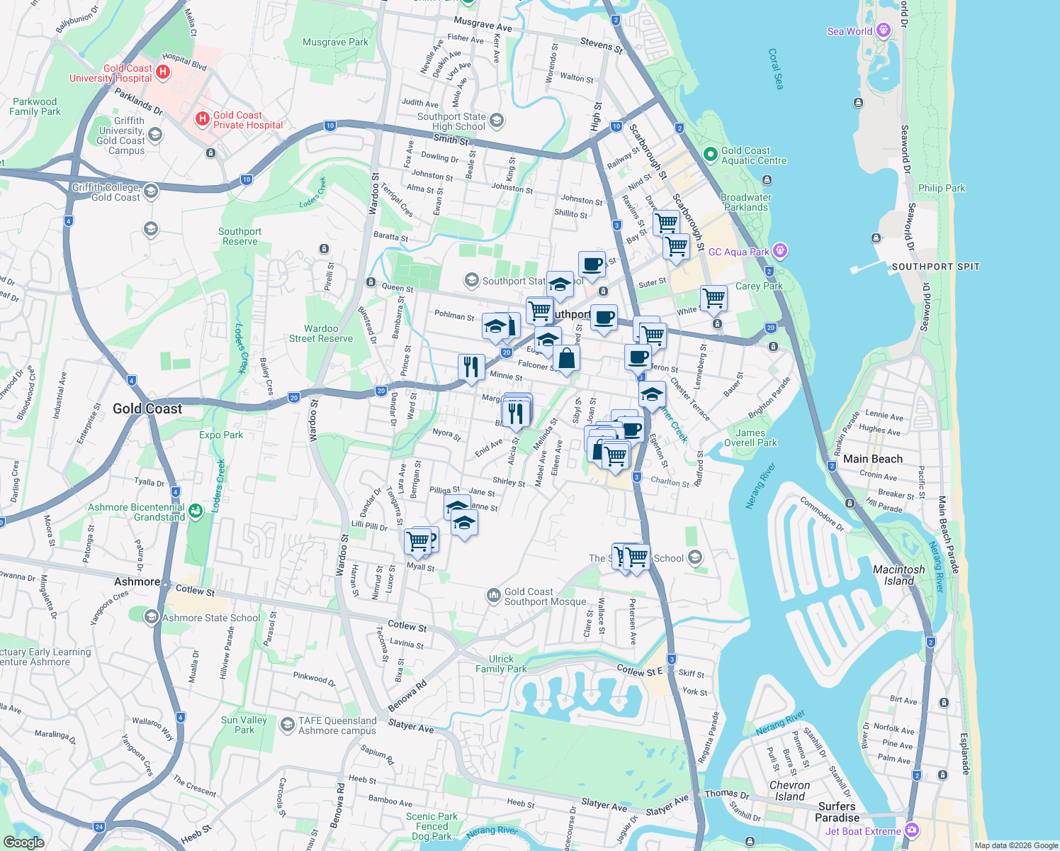 map of restaurants, bars, coffee shops, grocery stores, and more near 18 Alicia Street in Southport