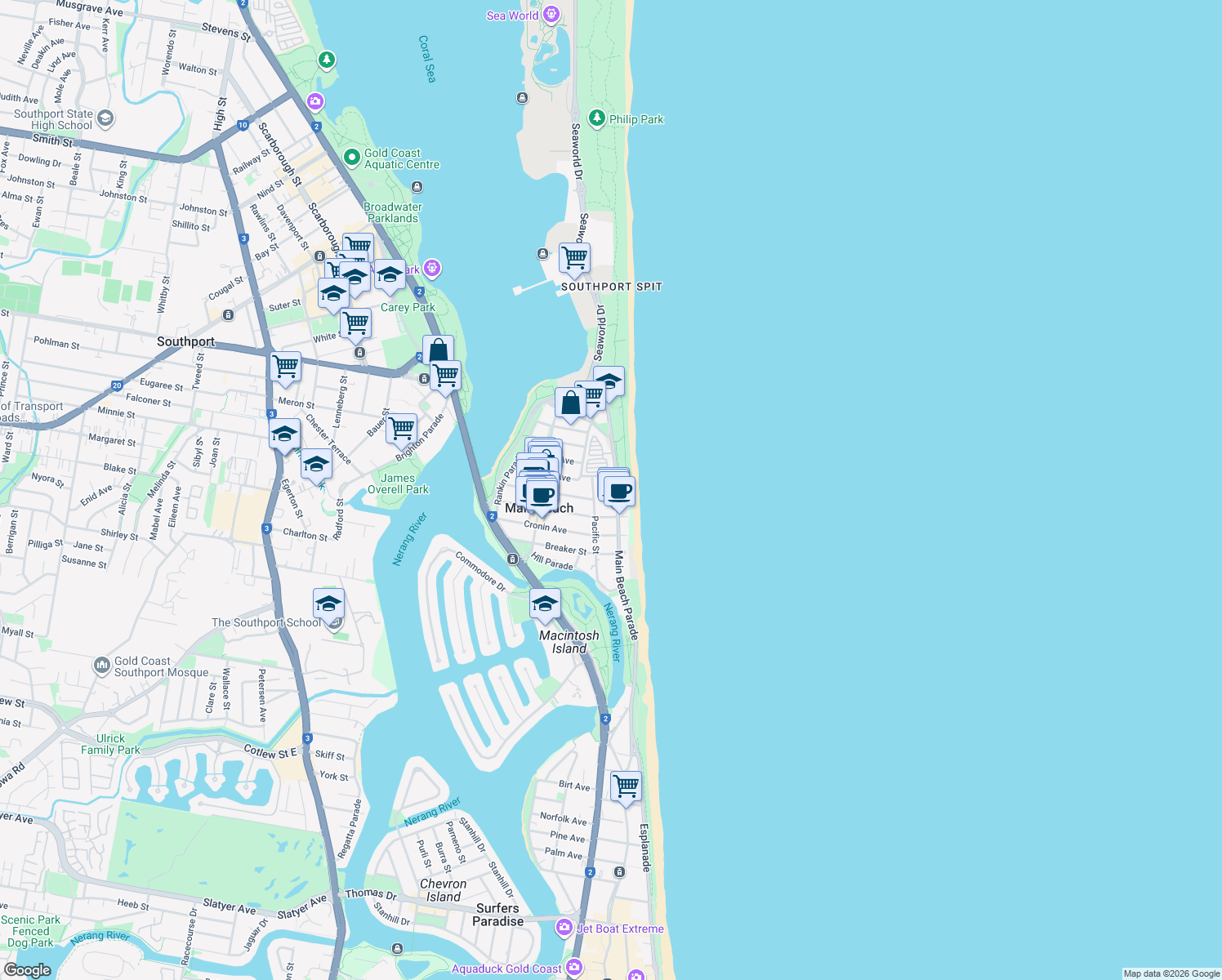 map of restaurants, bars, coffee shops, grocery stores, and more near 59 Pacific Street in Main Beach