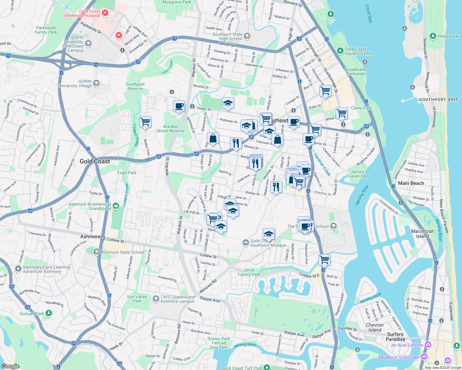 map of restaurants, bars, coffee shops, grocery stores, and more near 45 Anne Street in Southport
