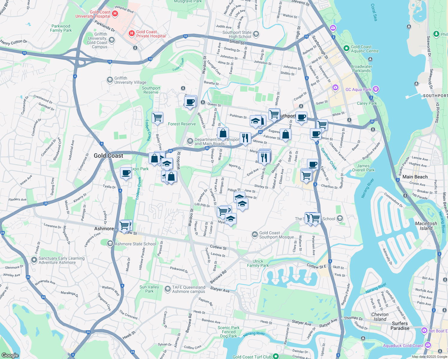 map of restaurants, bars, coffee shops, grocery stores, and more near 4 Berrigan Street in Southport
