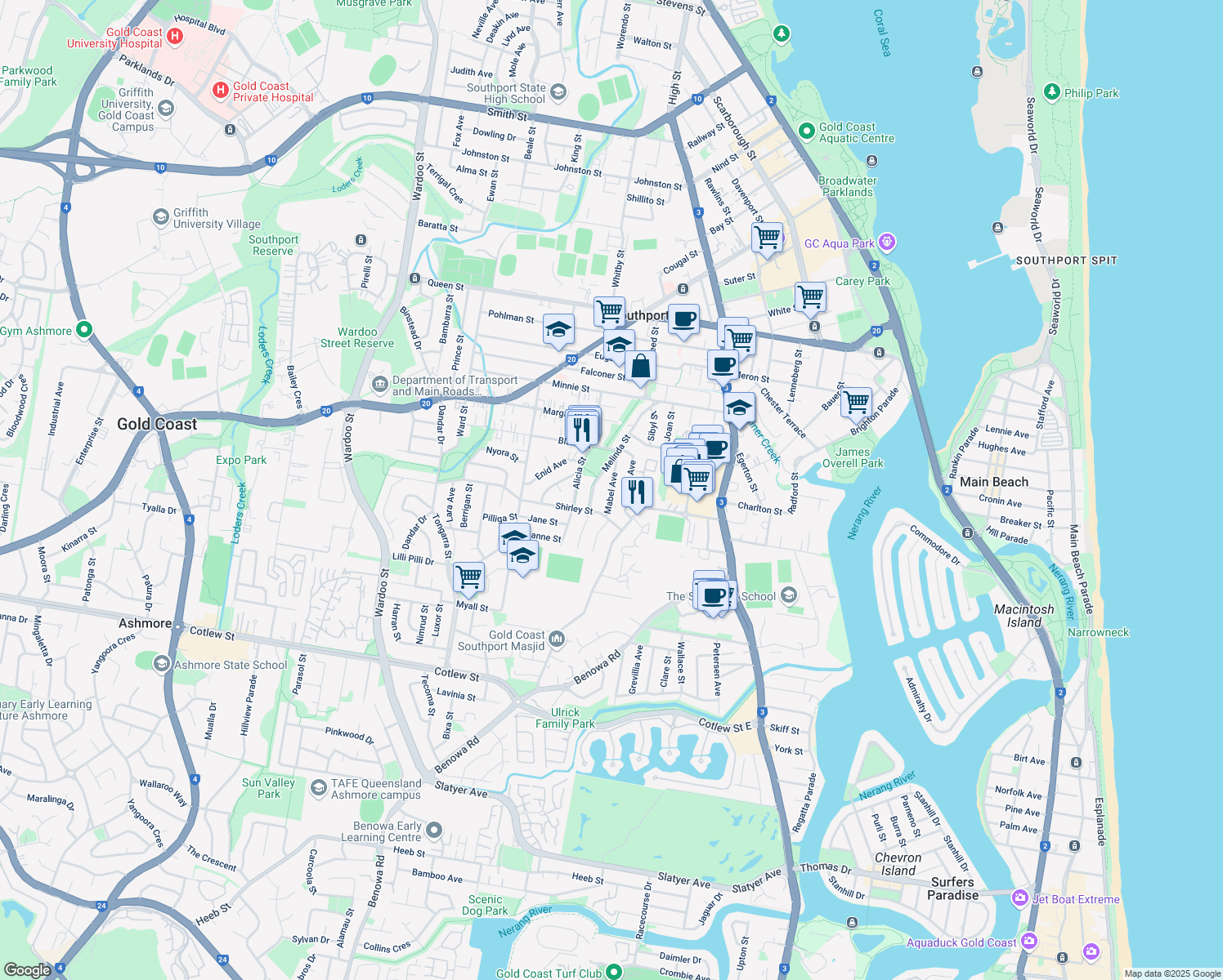 map of restaurants, bars, coffee shops, grocery stores, and more near Mabel Avenue in Southport