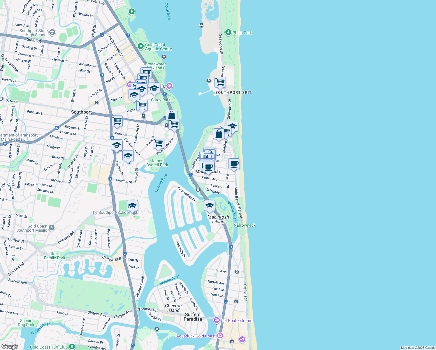 map of restaurants, bars, coffee shops, grocery stores, and more near 24 Woodroffe Avenue in Main Beach
