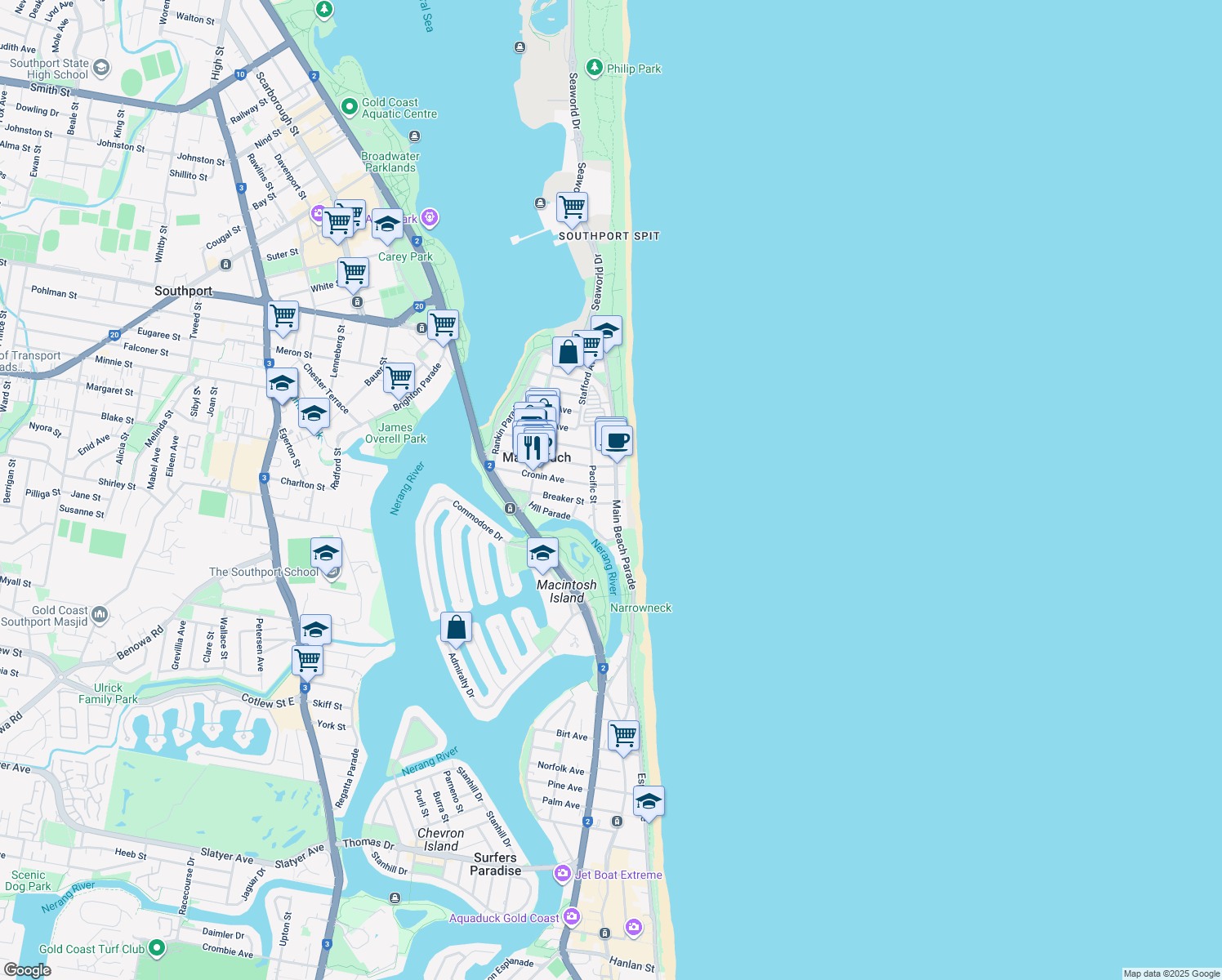 map of restaurants, bars, coffee shops, grocery stores, and more near 3544 Main Beach Parade in Main Beach