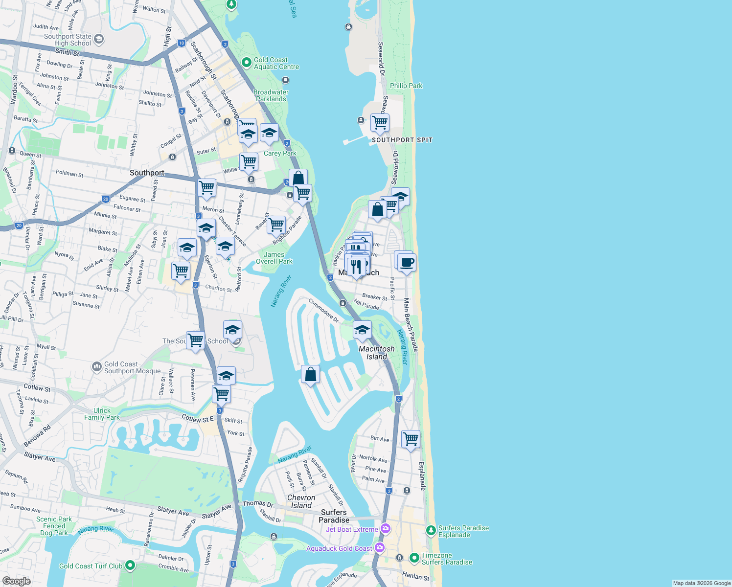 map of restaurants, bars, coffee shops, grocery stores, and more near 33 Breaker Street in Main Beach