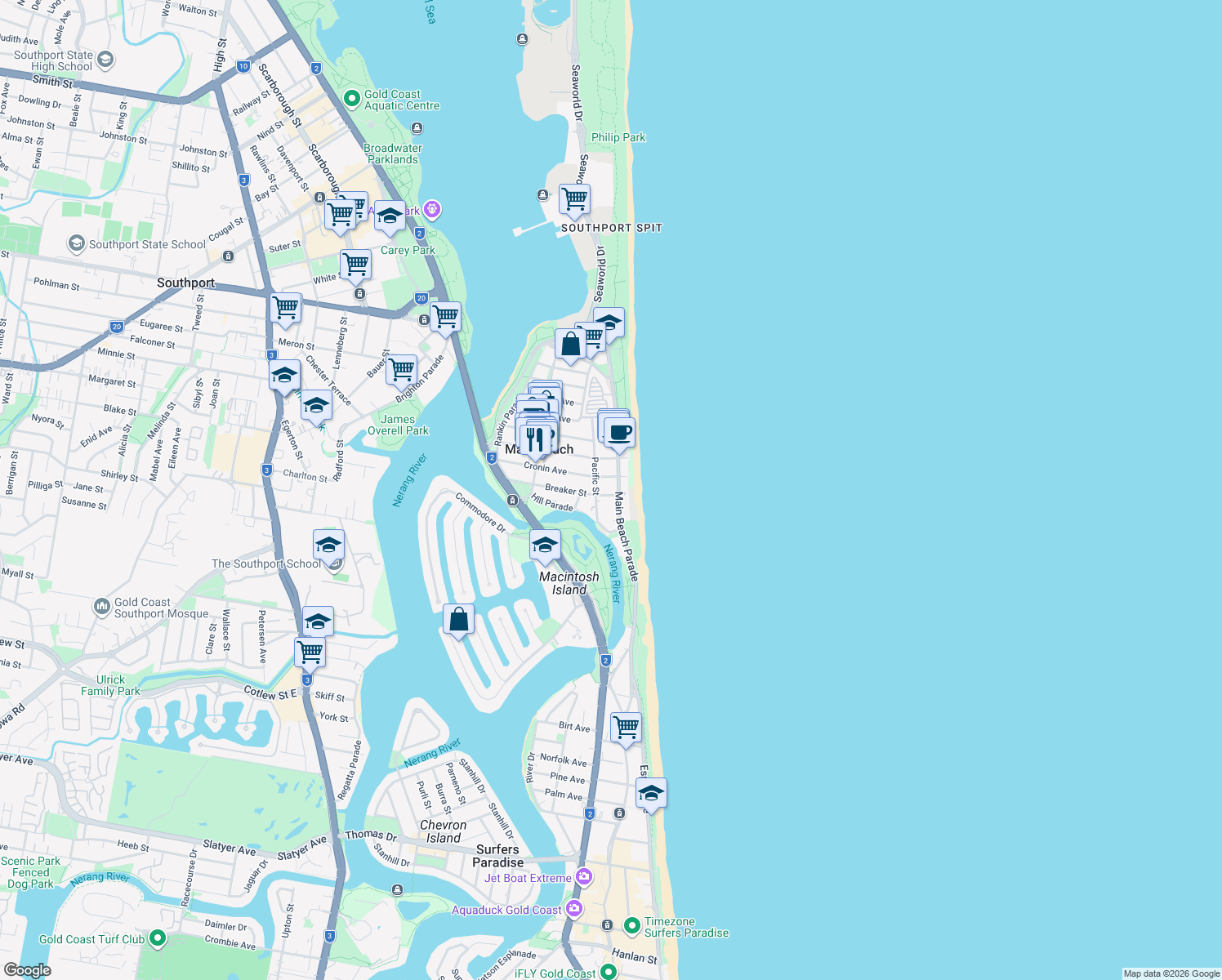 map of restaurants, bars, coffee shops, grocery stores, and more near 3540 Main Beach Parade in Main Beach