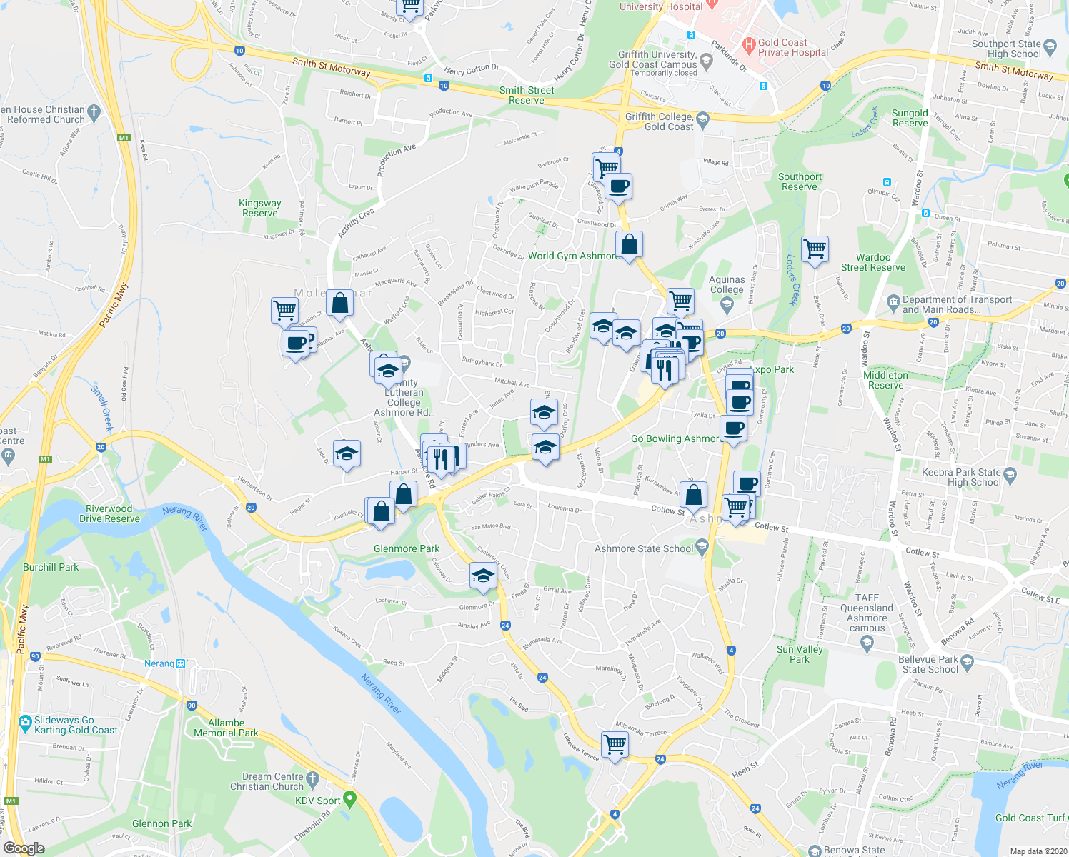 map of restaurants, bars, coffee shops, grocery stores, and more near 7 Windsor Place in Molendinar
