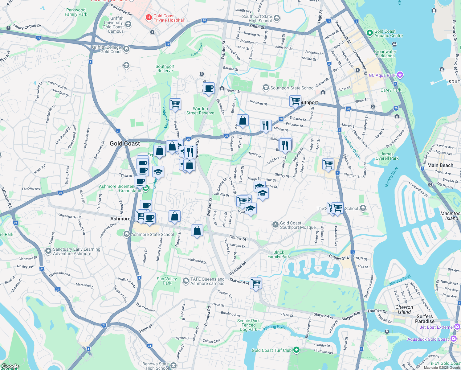 map of restaurants, bars, coffee shops, grocery stores, and more near 10 Tongarra Street in Southport