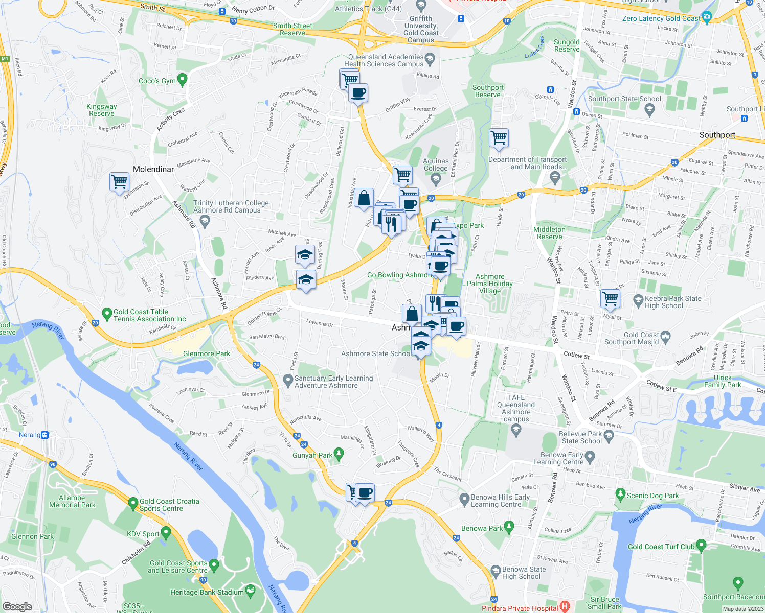 map of restaurants, bars, coffee shops, grocery stores, and more near 1 Carool Street in Ashmore