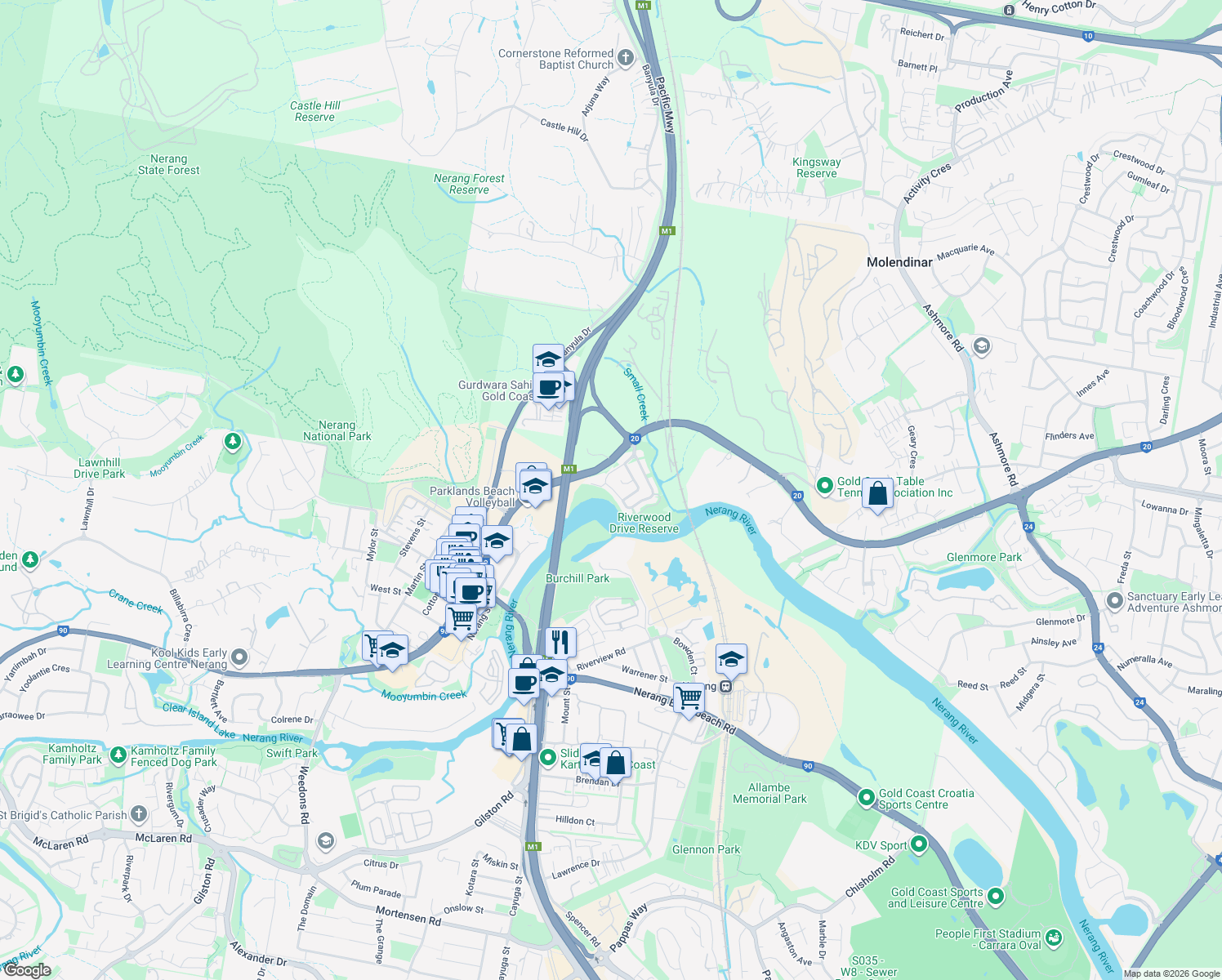 map of restaurants, bars, coffee shops, grocery stores, and more near 19 Riverwood Drive in Gold Coast