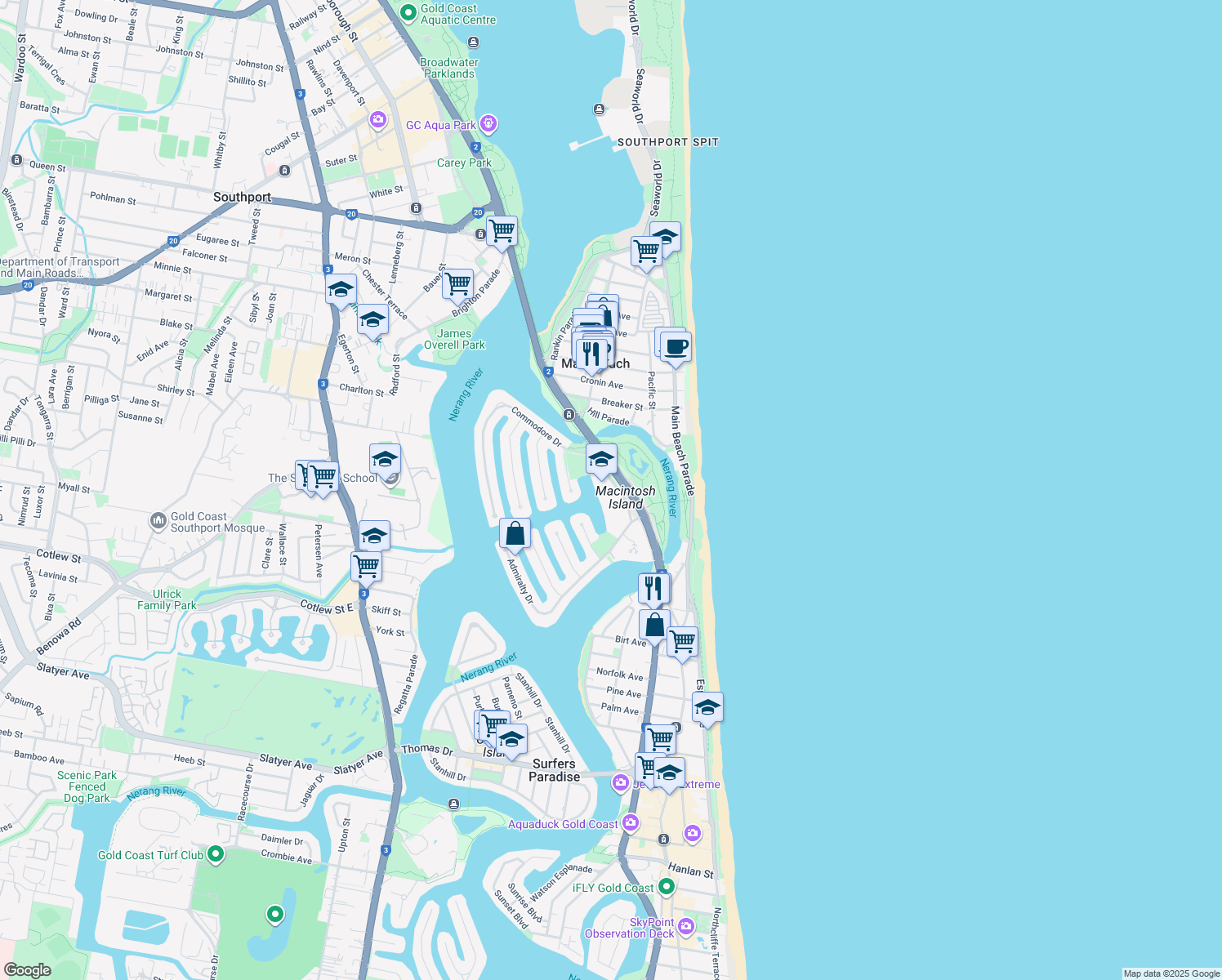 map of restaurants, bars, coffee shops, grocery stores, and more near 18 Commodore Drive in Surfers Paradise