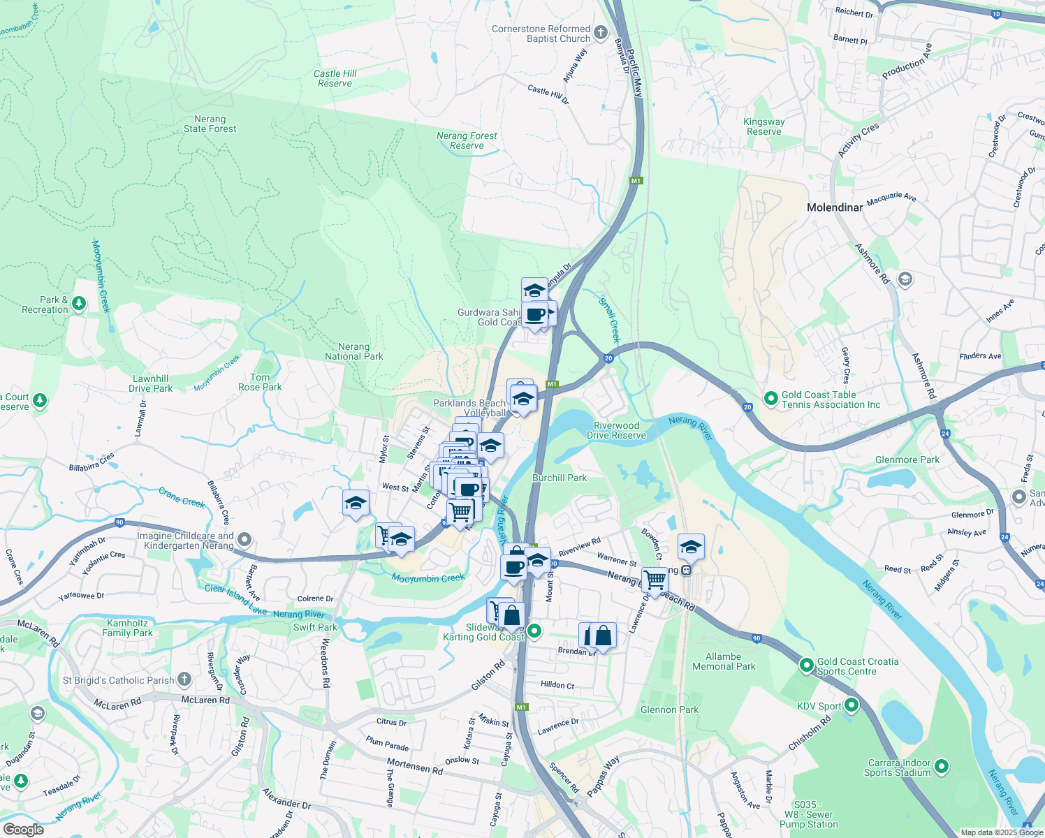 map of restaurants, bars, coffee shops, grocery stores, and more near 7027 Southport Nerang Road in Nerang