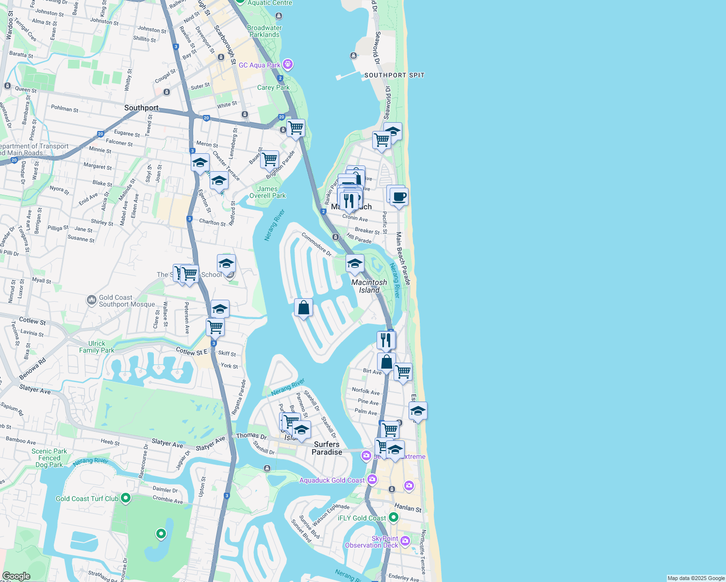map of restaurants, bars, coffee shops, grocery stores, and more near 12 Commodore Drive in Surfers Paradise