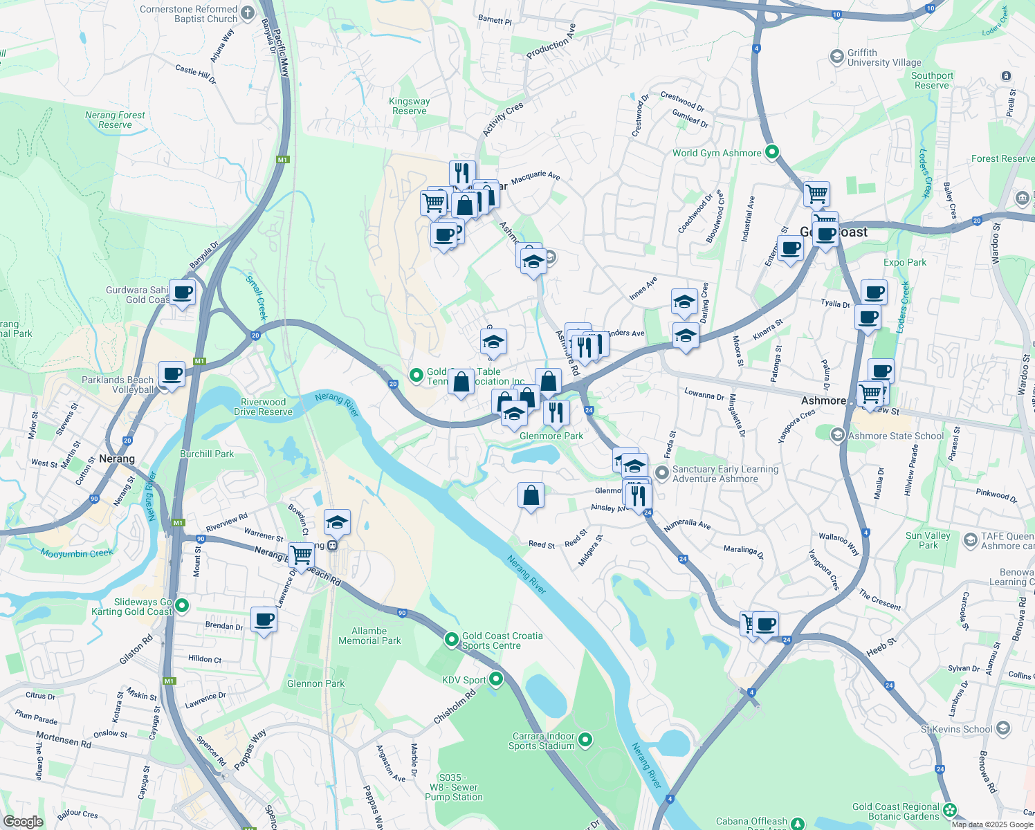 map of restaurants, bars, coffee shops, grocery stores, and more near Central Park Avenue in Ashmore