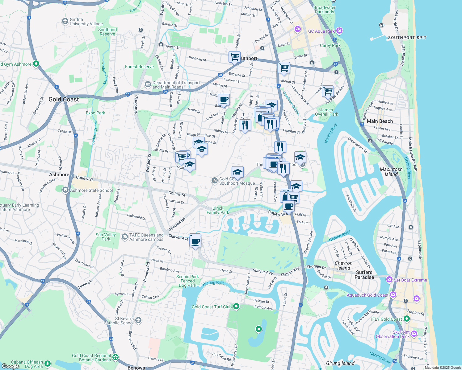 map of restaurants, bars, coffee shops, grocery stores, and more near 57 Benowa Road in Southport