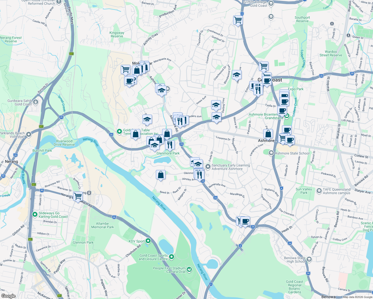 map of restaurants, bars, coffee shops, grocery stores, and more near 547 Ashmore Road in Ashmore