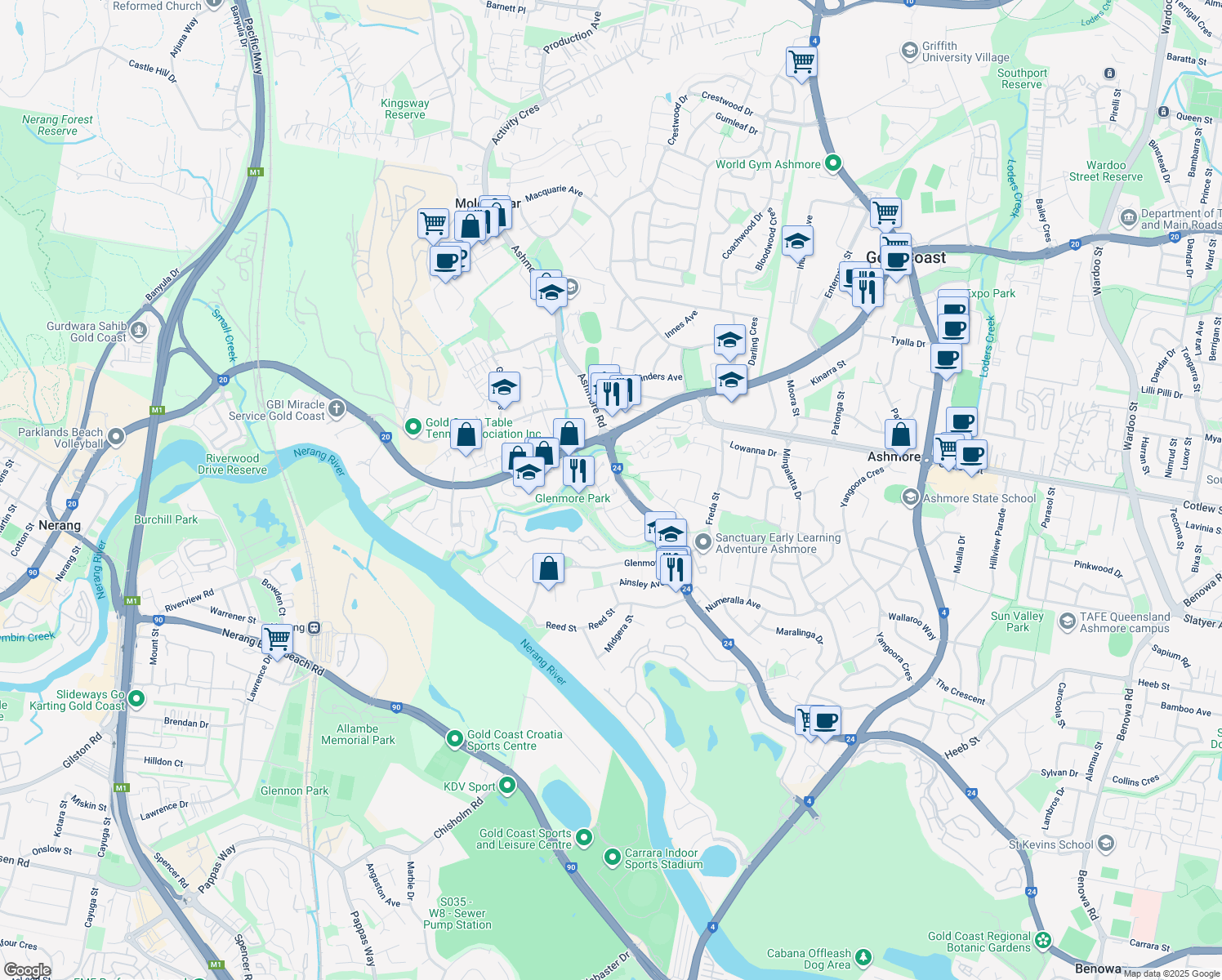 map of restaurants, bars, coffee shops, grocery stores, and more near 54 Galloway Drive in Ashmore
