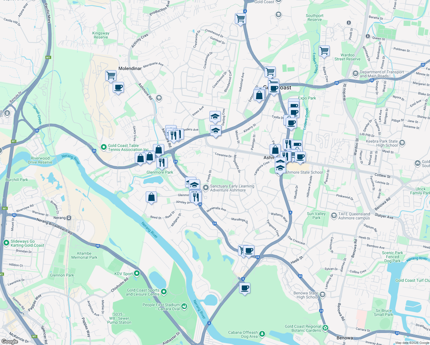 map of restaurants, bars, coffee shops, grocery stores, and more near 5 Murrumba Drive in Ashmore