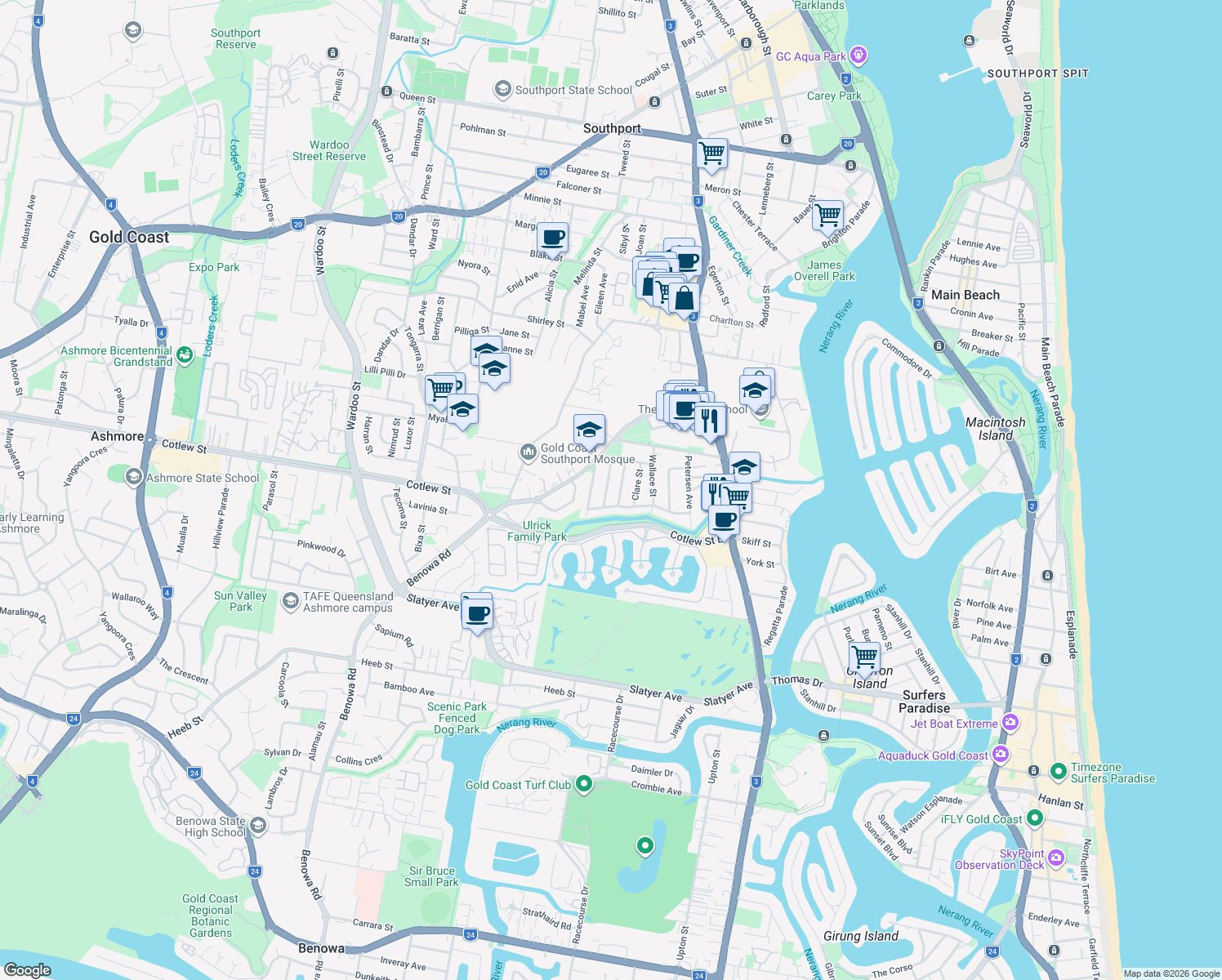 map of restaurants, bars, coffee shops, grocery stores, and more near 18 Grevillia Avenue in Southport