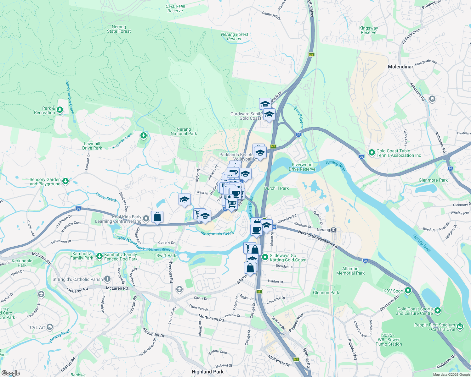map of restaurants, bars, coffee shops, grocery stores, and more near 19 State Route 20 in Nerang