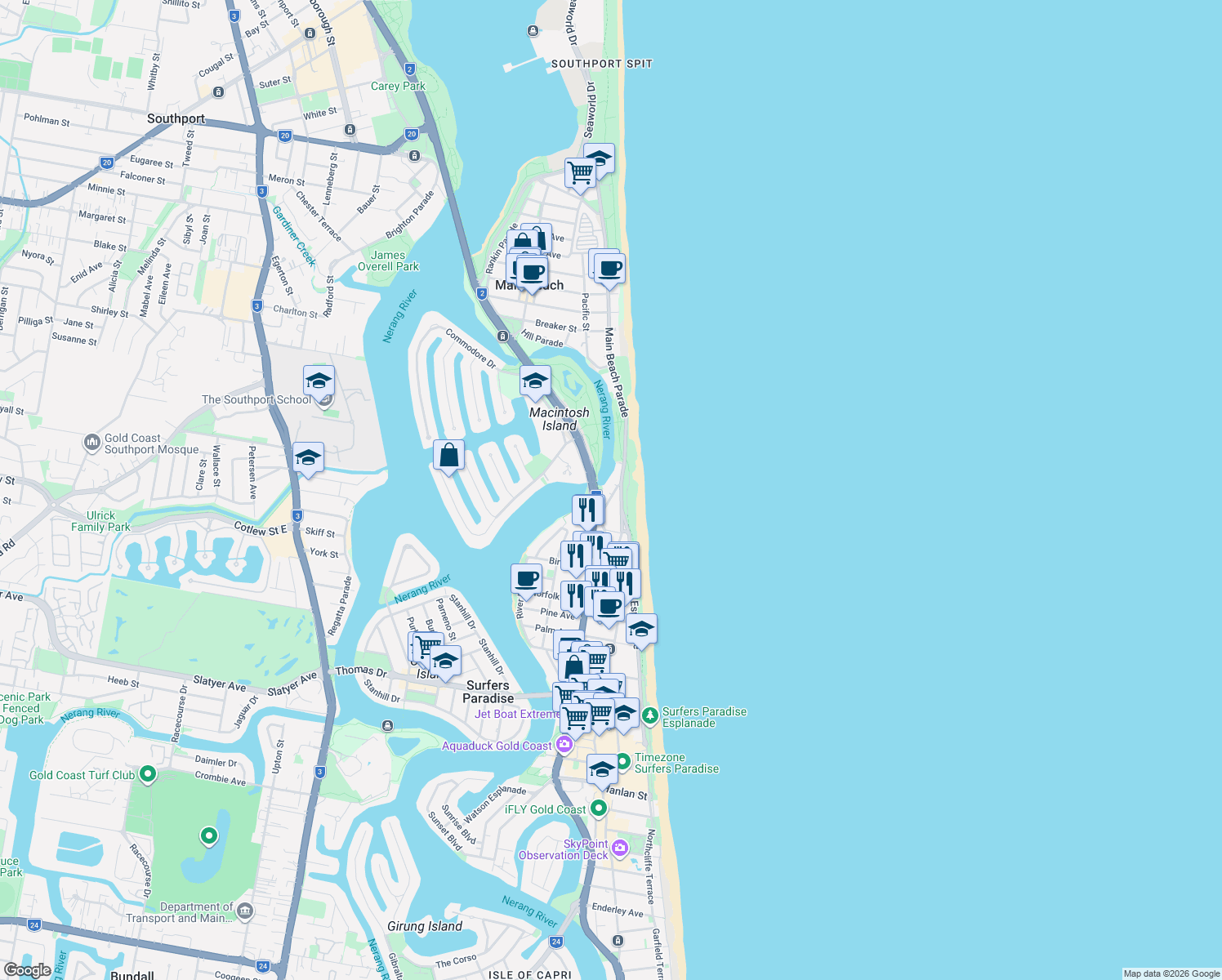 map of restaurants, bars, coffee shops, grocery stores, and more near 198 Ferny Avenue in Surfers Paradise