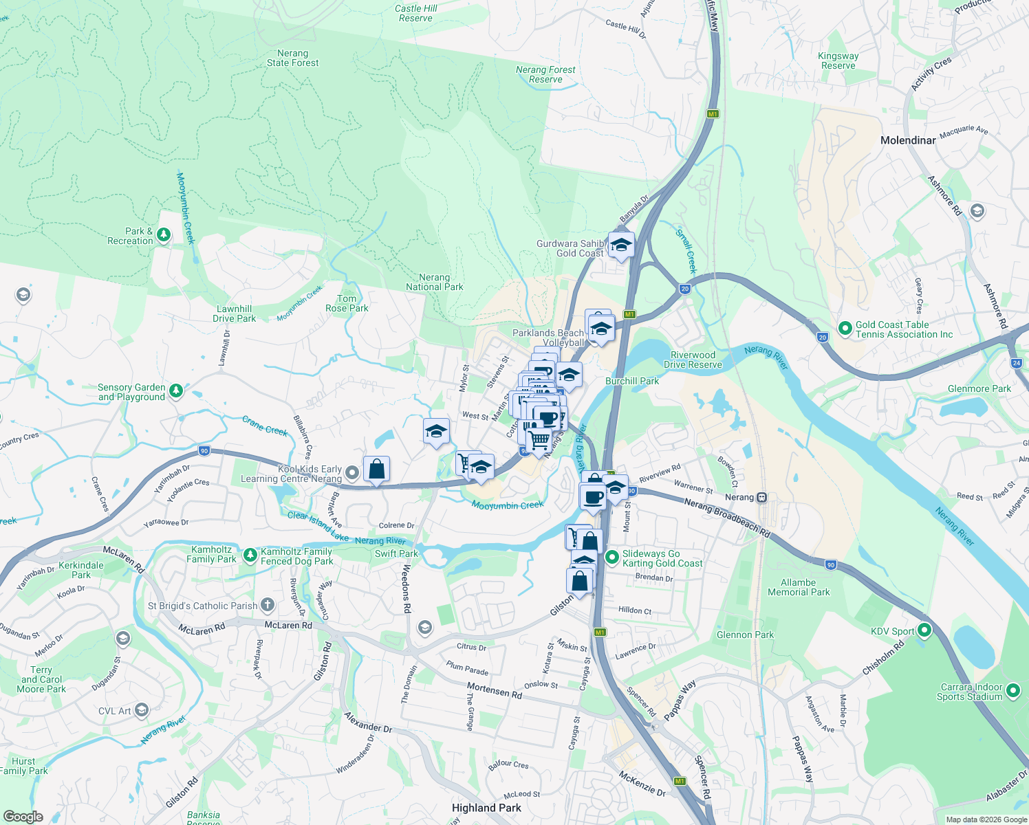 map of restaurants, bars, coffee shops, grocery stores, and more near 29 Cotton Street in Nerang