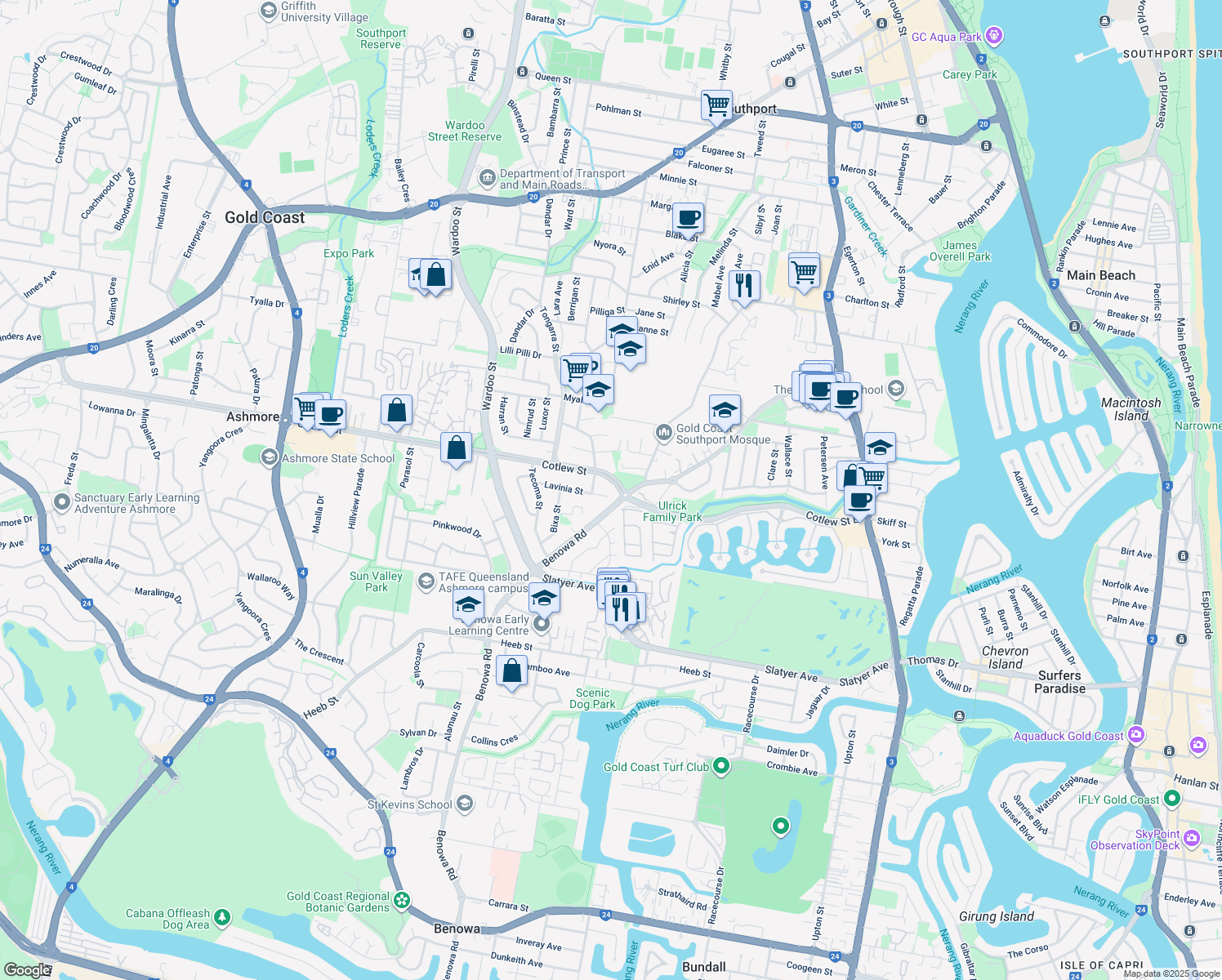 map of restaurants, bars, coffee shops, grocery stores, and more near 3 Lavinia Street in Southport