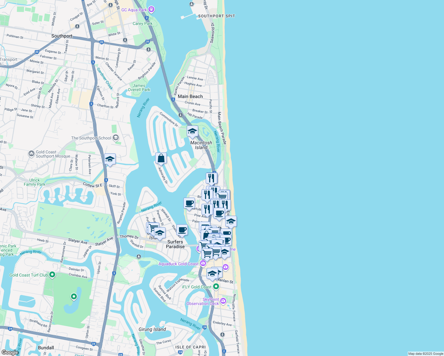 map of restaurants, bars, coffee shops, grocery stores, and more near 3458 Main Beach Parade in Surfers Paradise