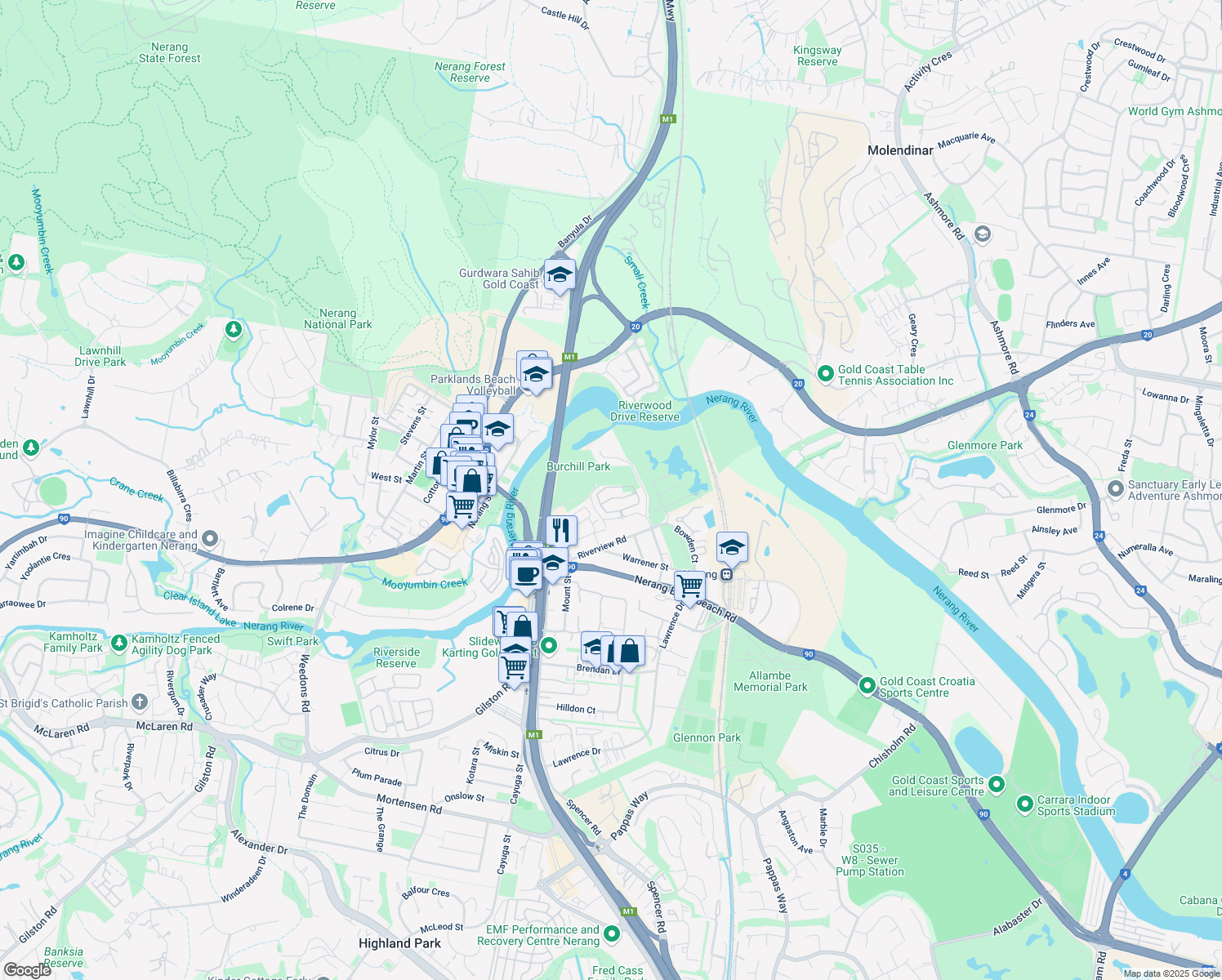 map of restaurants, bars, coffee shops, grocery stores, and more near 11 Eden Court in Nerang