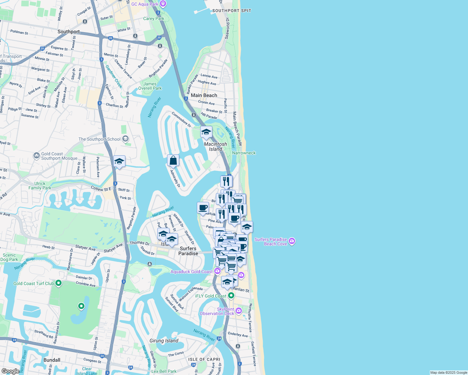 map of restaurants, bars, coffee shops, grocery stores, and more near 3355 Surfers Paradise Boulevard in Surfers Paradise