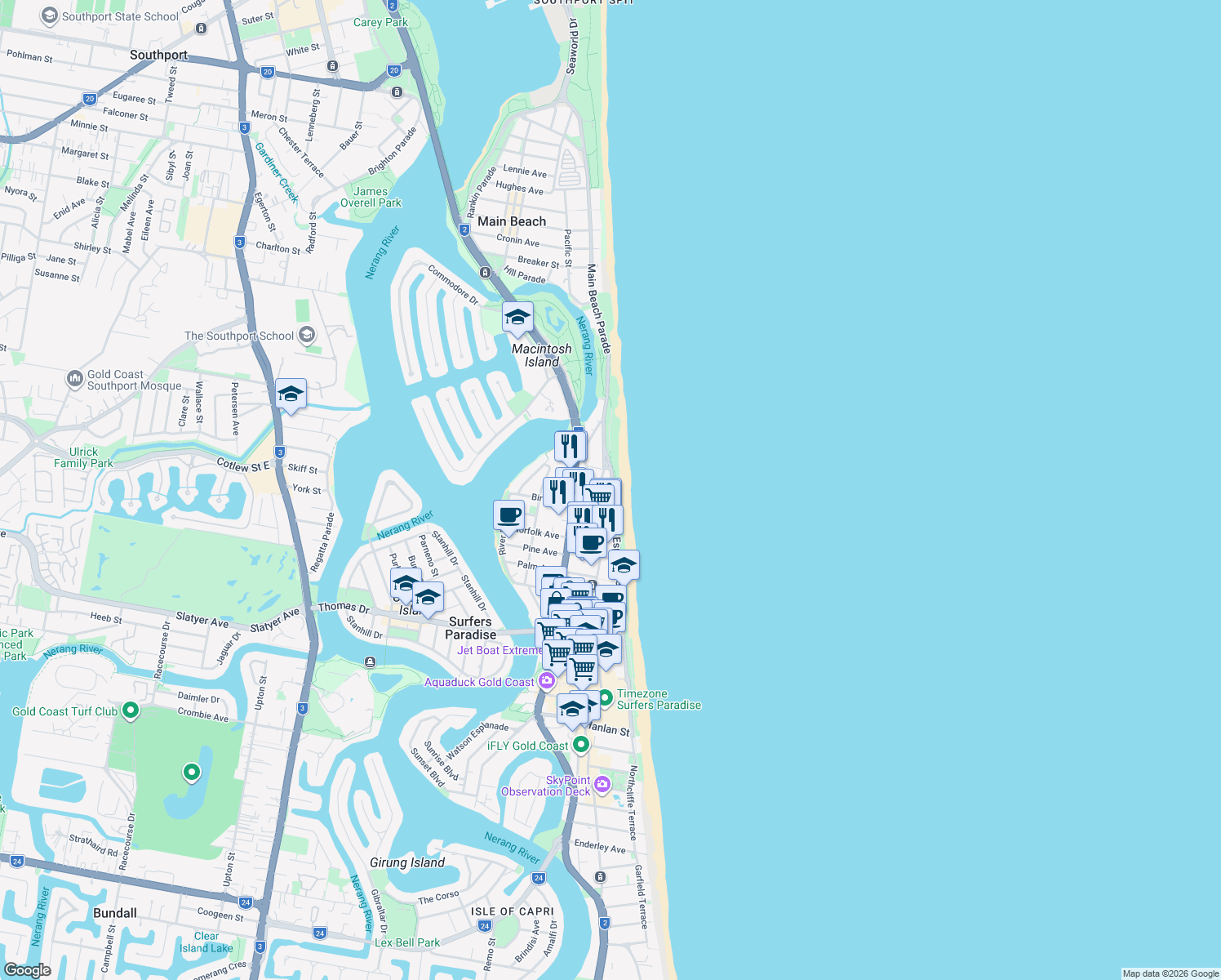map of restaurants, bars, coffee shops, grocery stores, and more near 152 Esplanade in Surfers Paradise