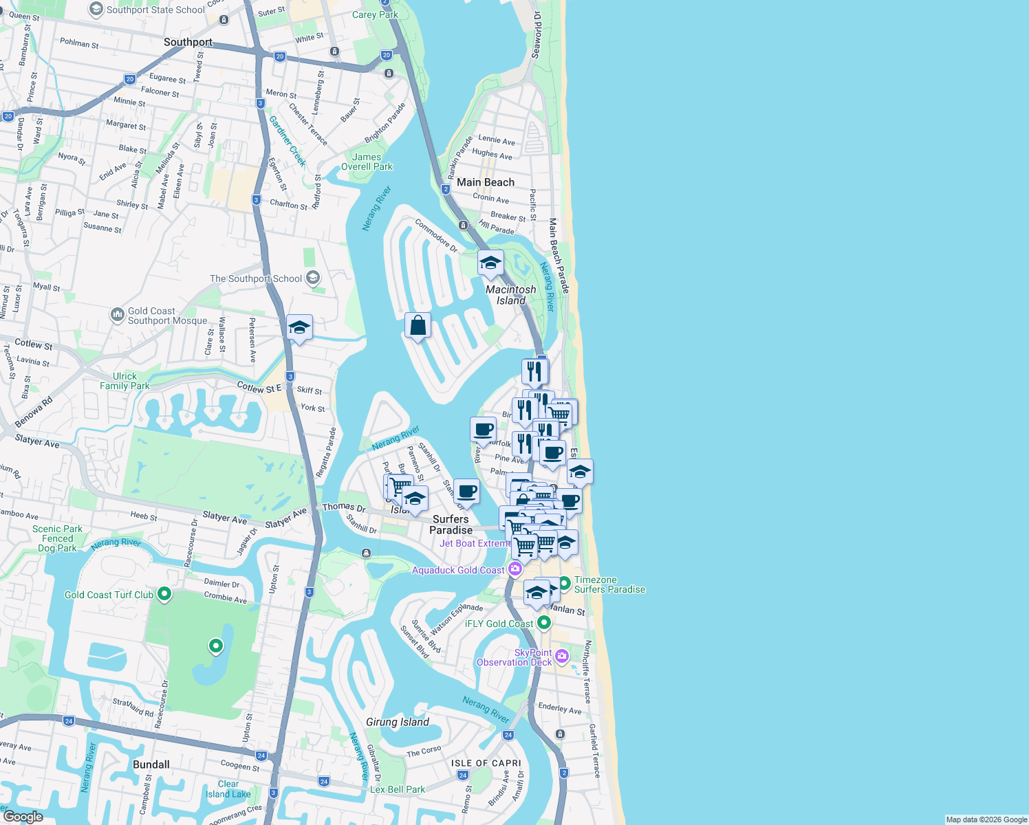 map of restaurants, bars, coffee shops, grocery stores, and more near 11 Birt Avenue in Surfers Paradise