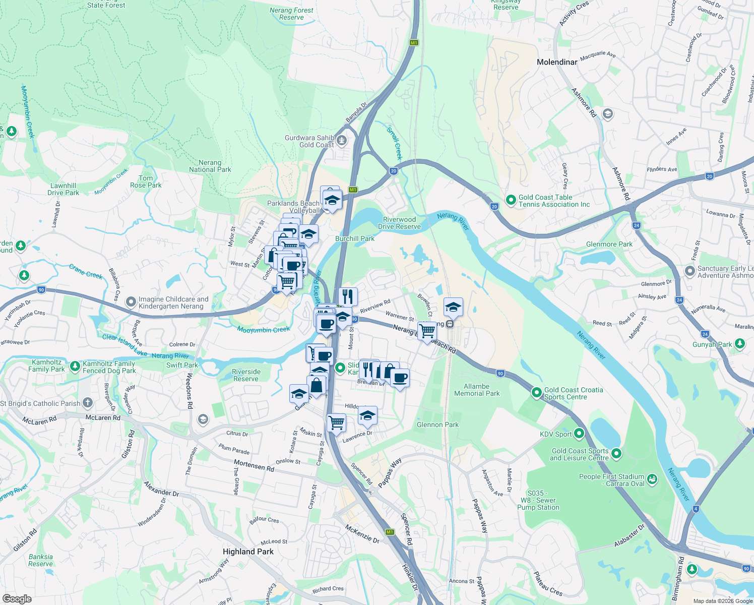 map of restaurants, bars, coffee shops, grocery stores, and more near 40 Riverview Road in Nerang