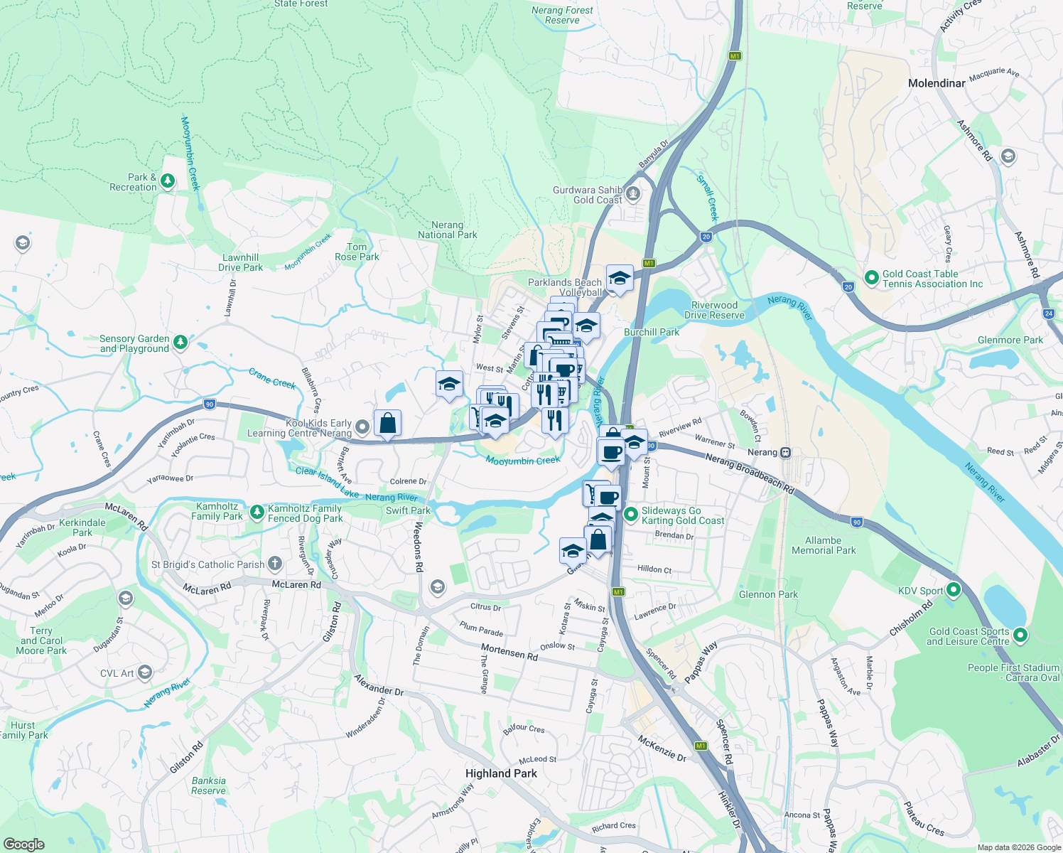 map of restaurants, bars, coffee shops, grocery stores, and more near 67 Nerang Street in Nerang