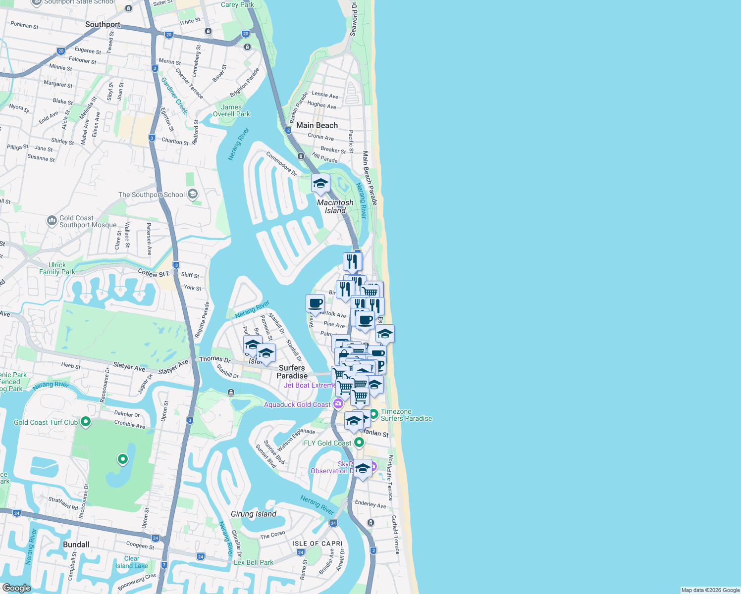 map of restaurants, bars, coffee shops, grocery stores, and more near 3329 Surfers Paradise Boulevard in Surfers Paradise