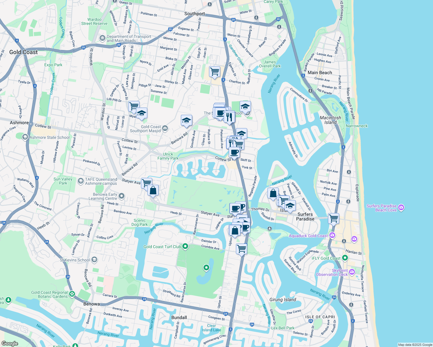 map of restaurants, bars, coffee shops, grocery stores, and more near 40 Cotlew Street East in Southport