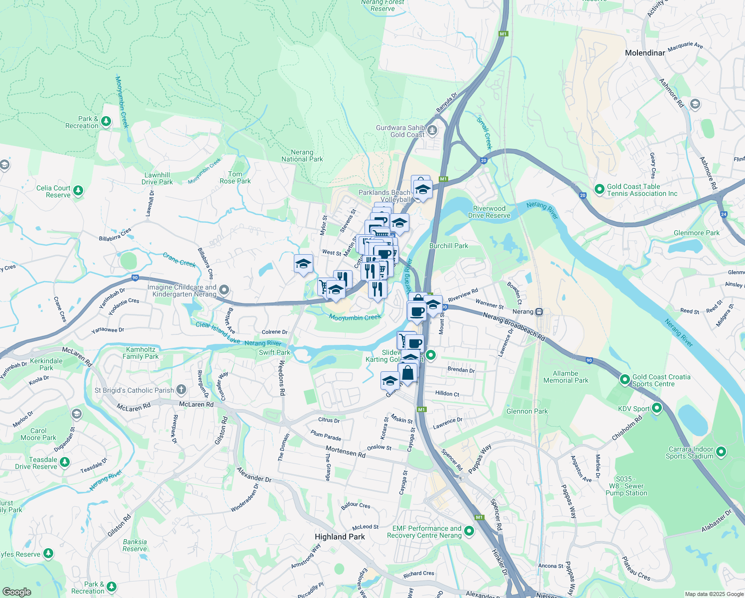 map of restaurants, bars, coffee shops, grocery stores, and more near 67 Nerang Street in Nerang