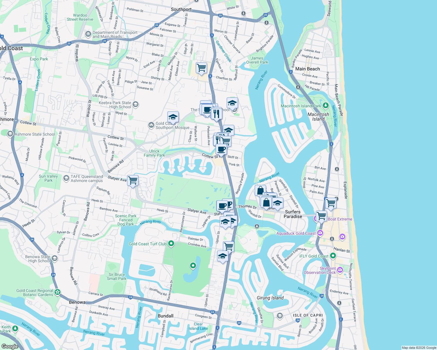 map of restaurants, bars, coffee shops, grocery stores, and more near 1 Fairway Avenue in Southport
