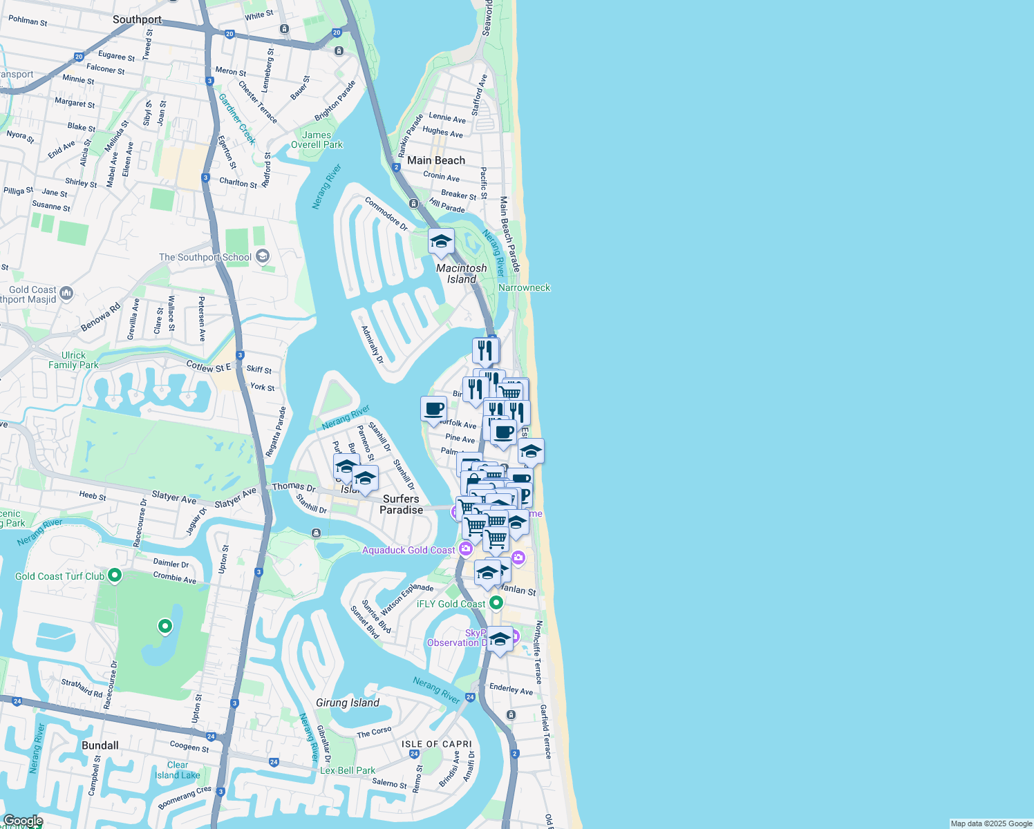 map of restaurants, bars, coffee shops, grocery stores, and more near 2 Ocean Avenue in Surfers Paradise